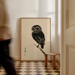 Japanese Owl Art Print – Vintage Japanese Bird Wall Art — framed canvas on floor man walking past