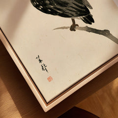 Japanese Owl Art Print – Vintage Japanese Bird Wall Art — closeup framed canvas natural wood floating frame