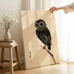 Japanese Owl Art Print – Vintage Japanese Bird Wall Art — canvas print mirror edge hand holding room setting