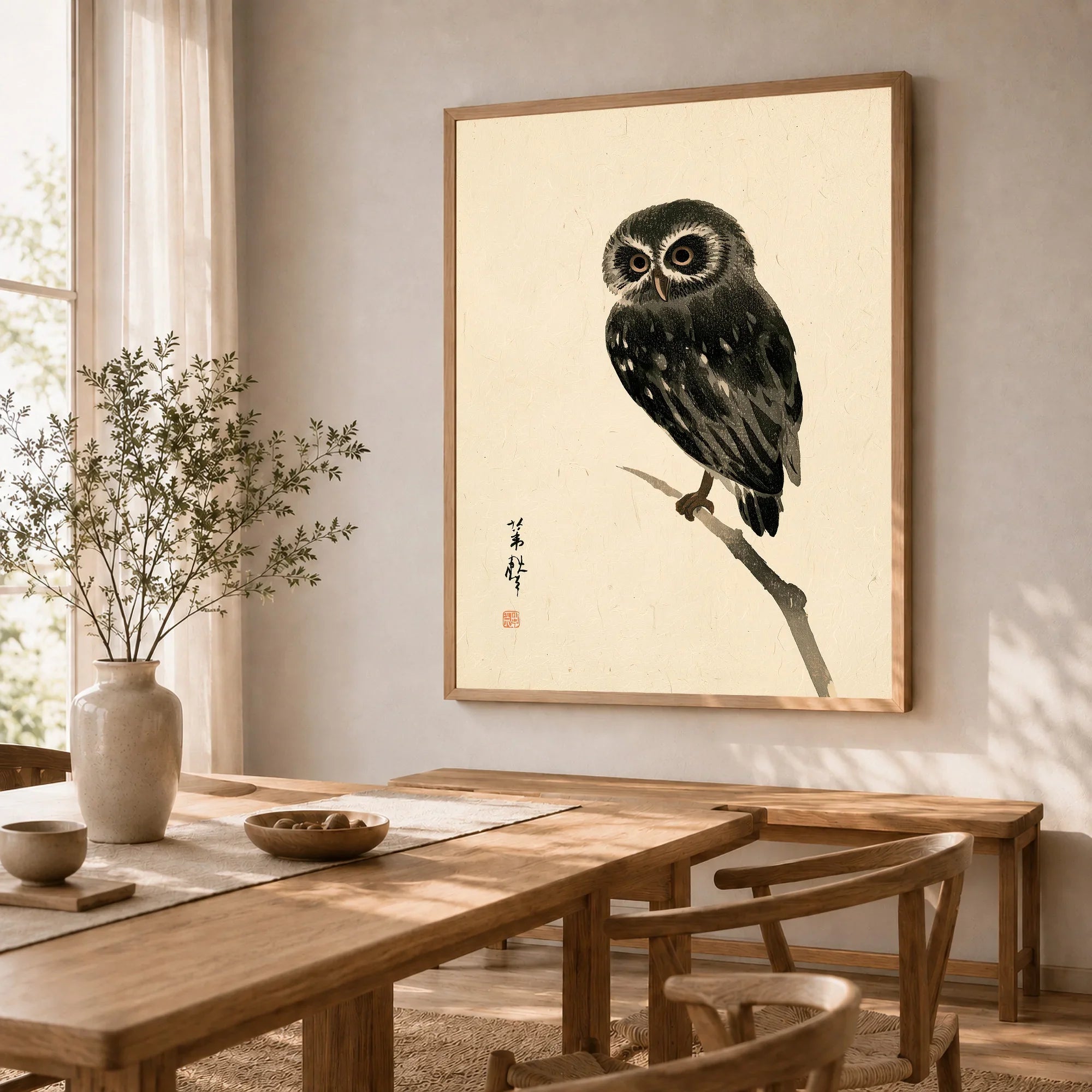 Japanese Owl Art Print – Vintage Japanese Bird Wall Art — dining room framed print natural wood frame