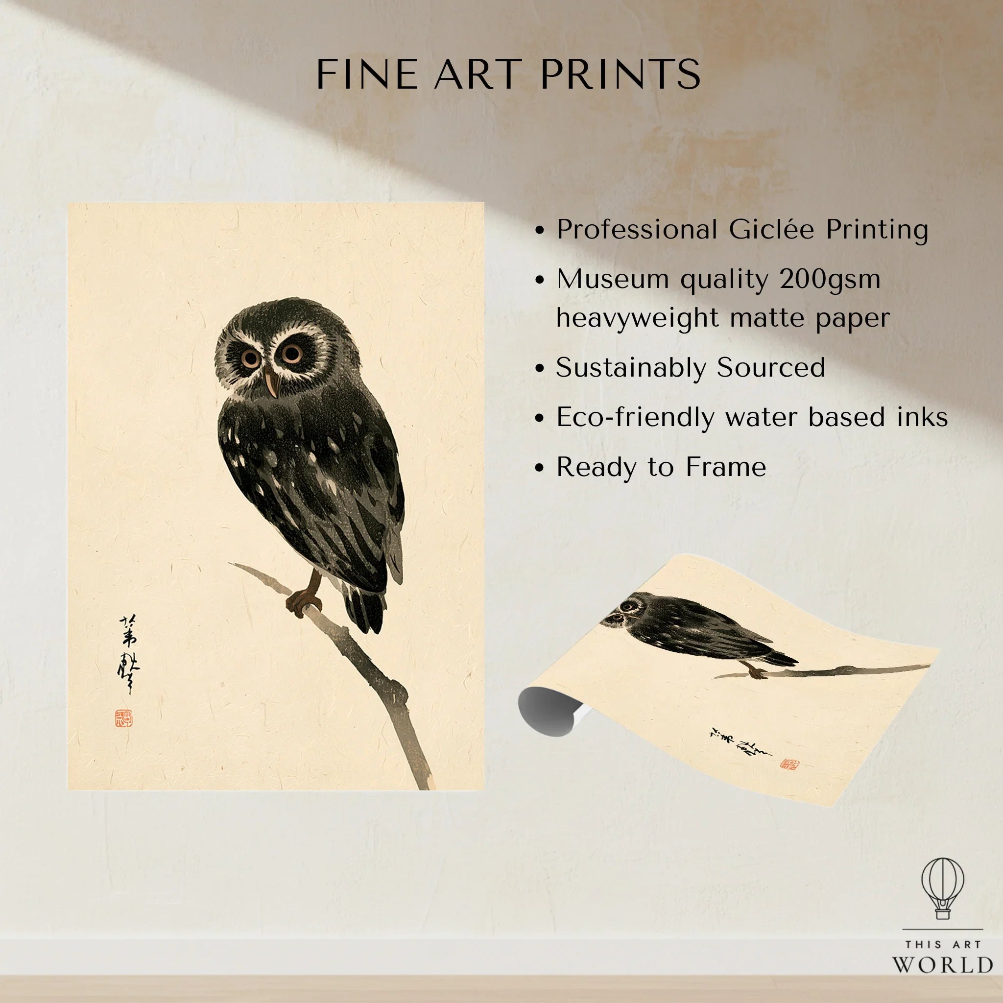 Japanese Owl Art Print – Vintage Japanese Bird Wall Art — fine art print unframed quality details