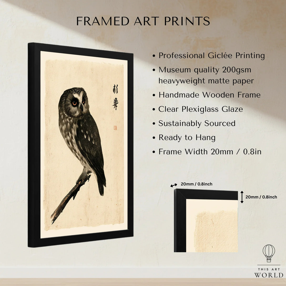 Japanese Owl Wall Art – Vintage Ukiyo-e Style Bird Print — framed print details measurements quality details