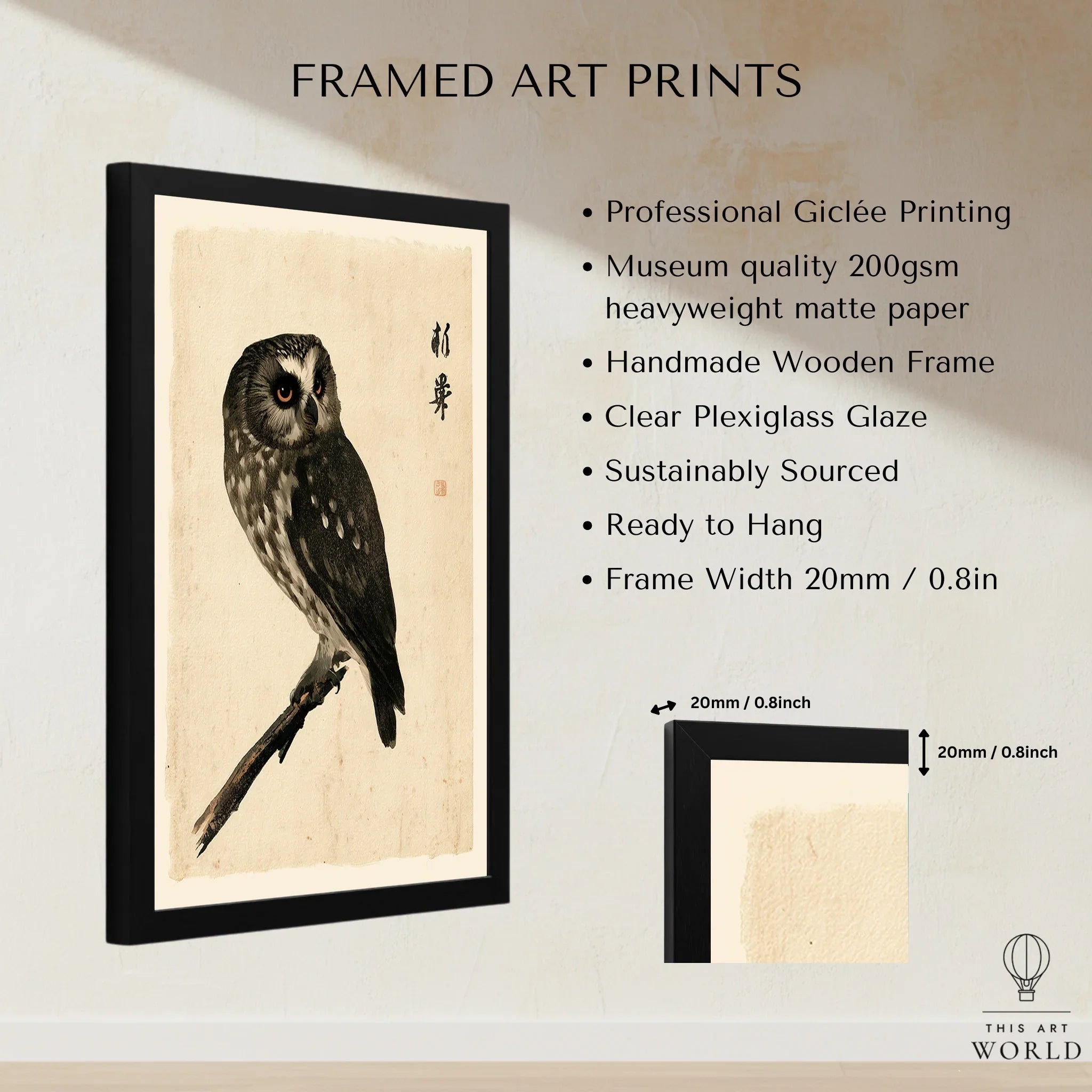 Japanese Owl Wall Art – Vintage Ukiyo-e Style Bird Print — framed print details measurements quality details