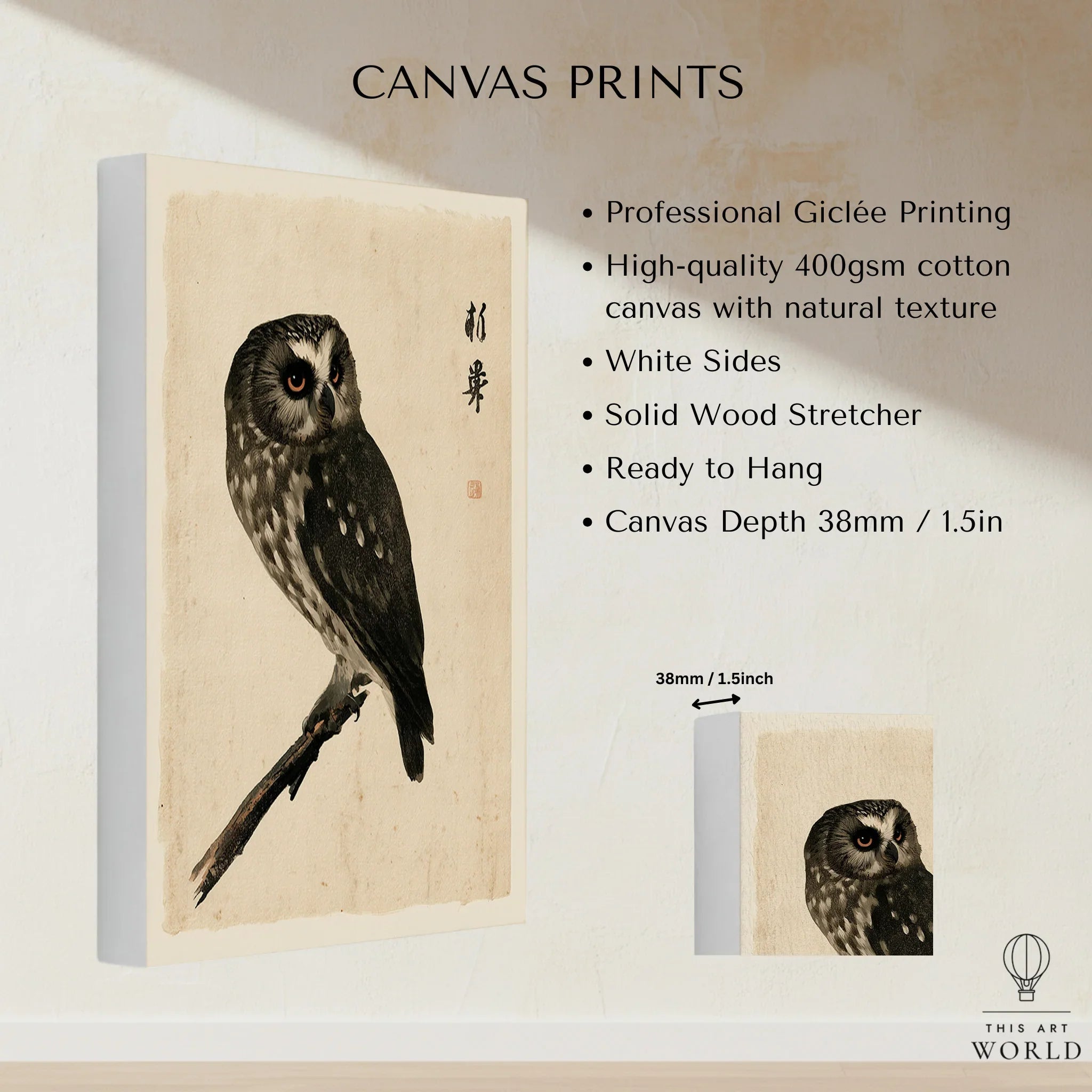 Japanese Owl Wall Art – Vintage Ukiyo-e Style Bird Print — canvas print stretched cotton canvas details