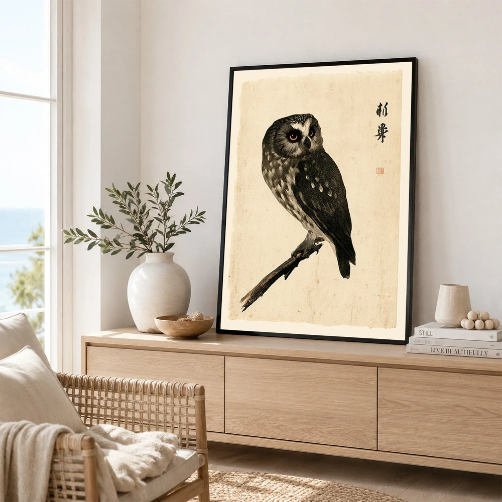 Japanese Owl Wall Art – Vintage Ukiyo-e Style Bird Print — framed artwork living room lifestyle setting