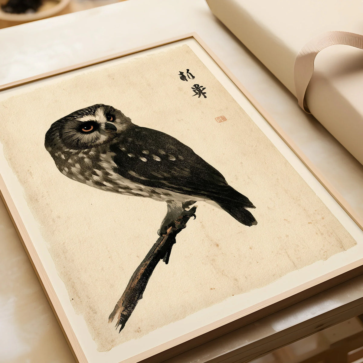 Japanese Owl Wall Art – Vintage Ukiyo-e Style Bird Print — framed art print closeup gift unwrapped natural frame