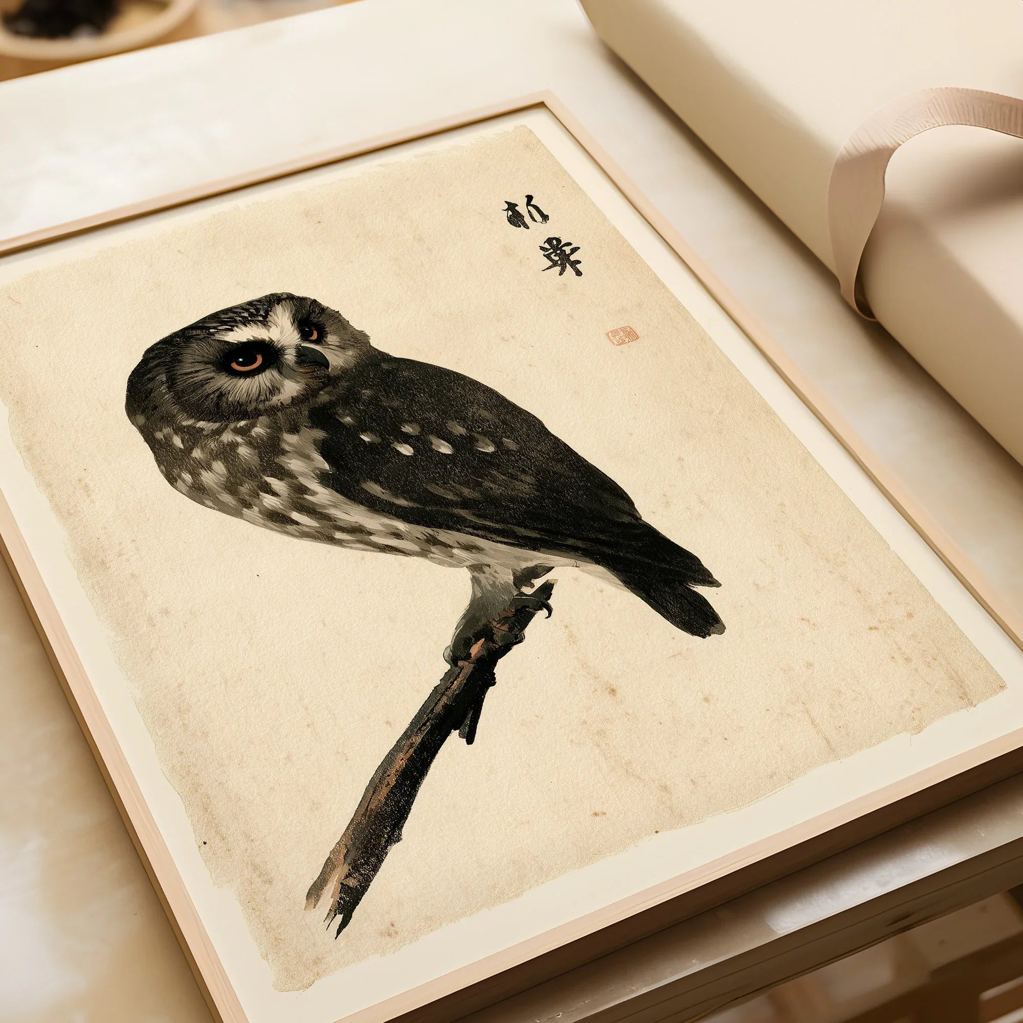 Japanese Owl Wall Art – Vintage Ukiyo-e Style Bird Print — framed art print closeup gift unwrapped natural frame