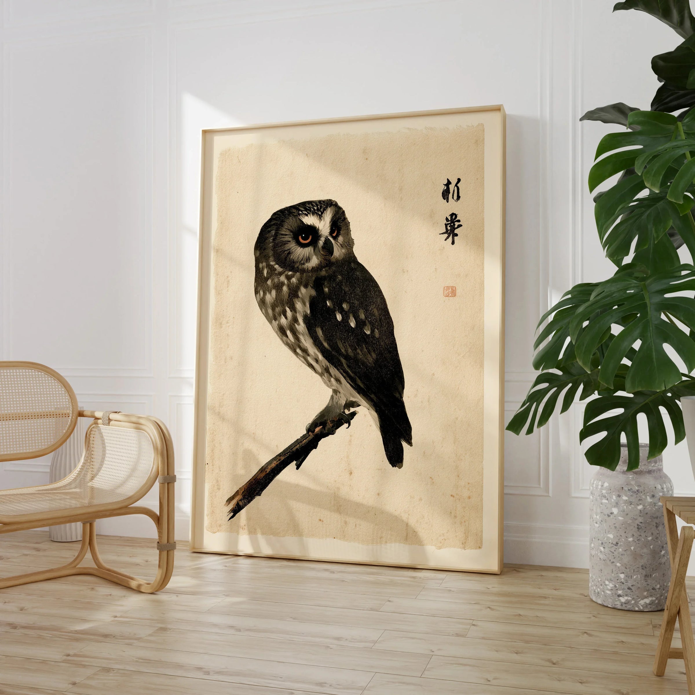 Japanese Owl Wall Art – Vintage Ukiyo-e Style Bird Print — large framed print room setting chair plant