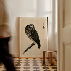 Japanese Owl Wall Art – Vintage Ukiyo-e Style Bird Print — framed canvas on floor man walking past