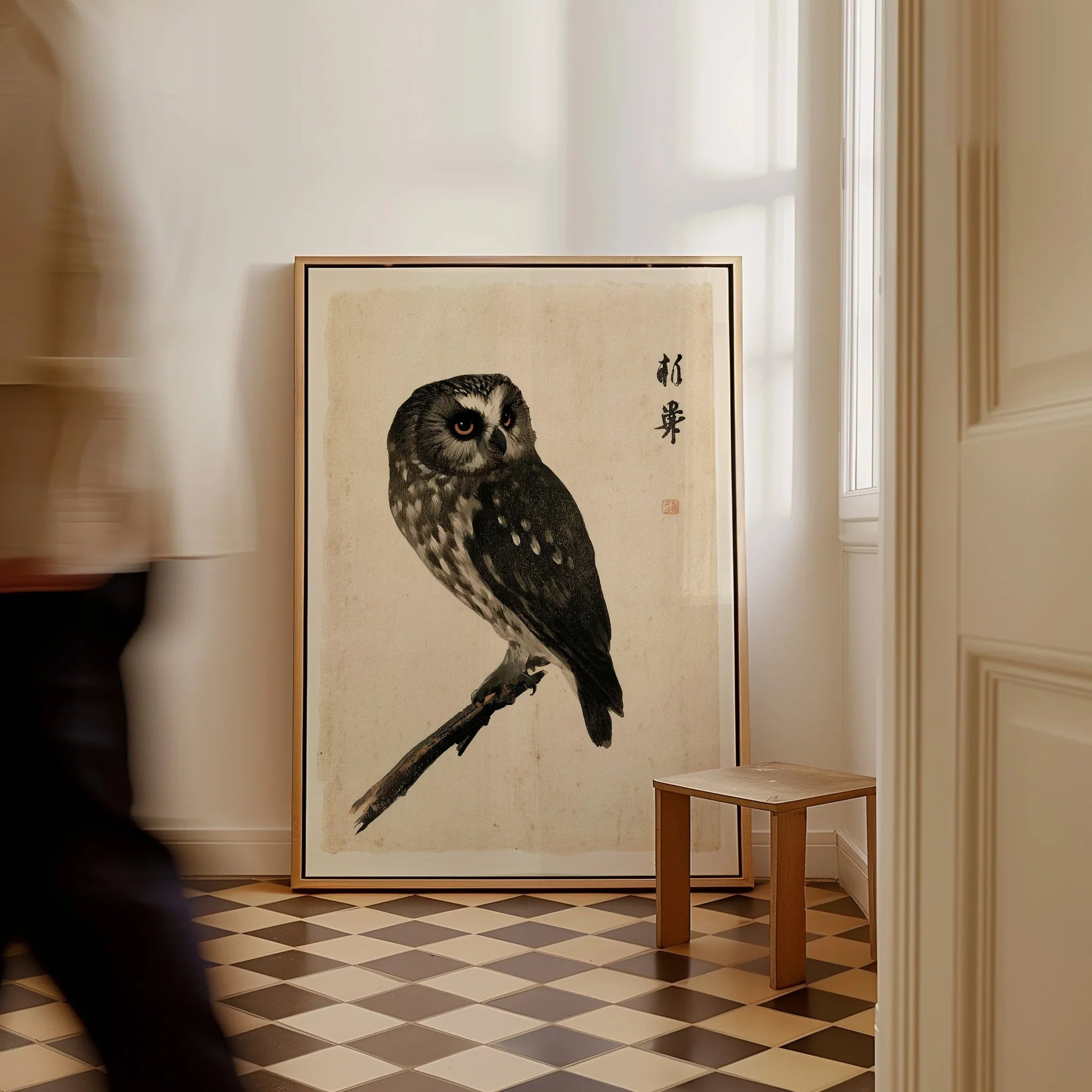 Japanese Owl Wall Art – Vintage Ukiyo-e Style Bird Print — framed canvas on floor man walking past