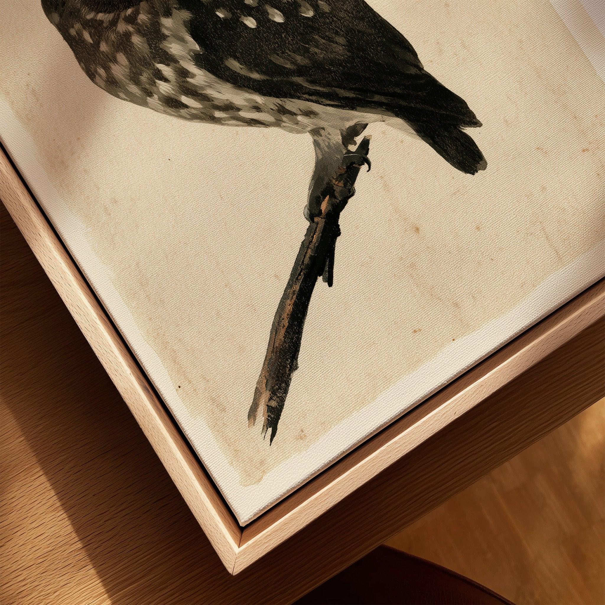 Japanese Owl Wall Art – Vintage Ukiyo-e Style Bird Print — closeup framed canvas natural wood floating frame