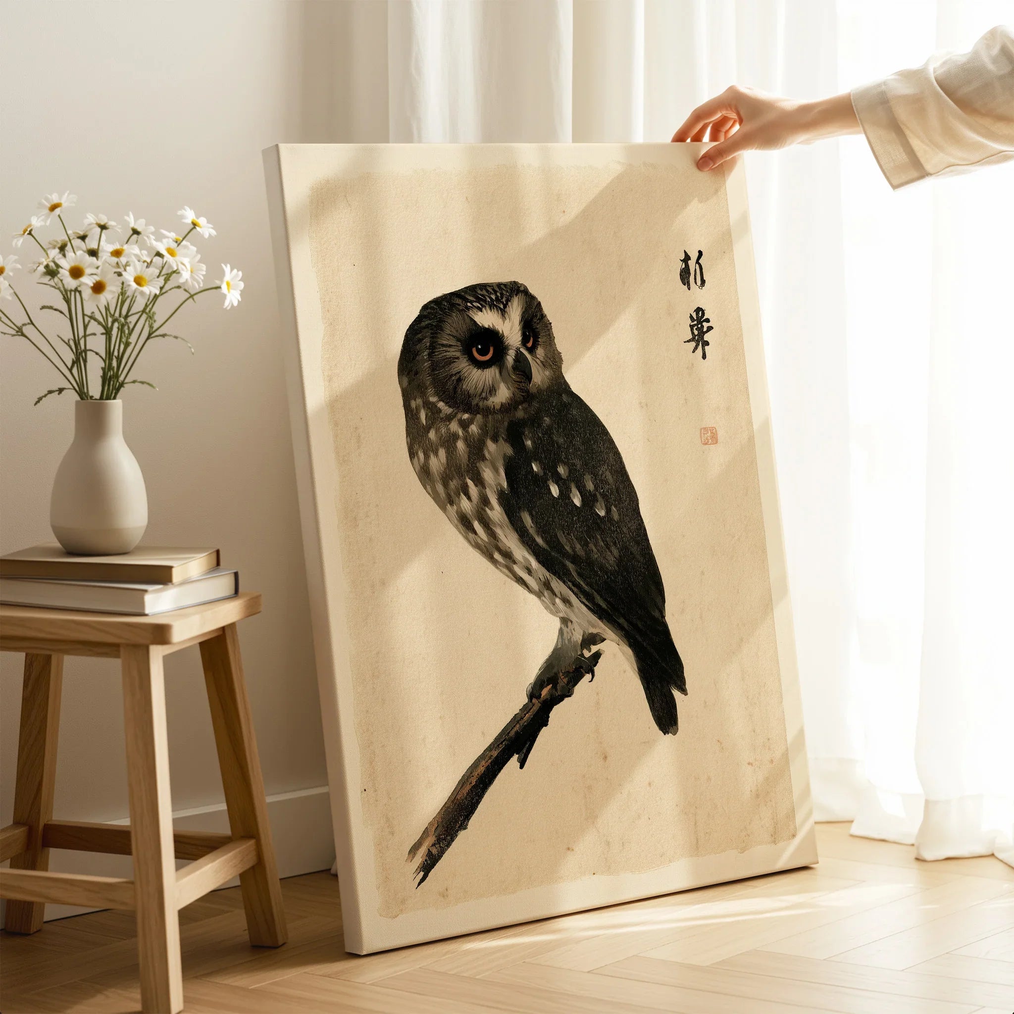 Japanese Owl Wall Art – Vintage Ukiyo-e Style Bird Print — canvas print mirror edge hand holding room setting