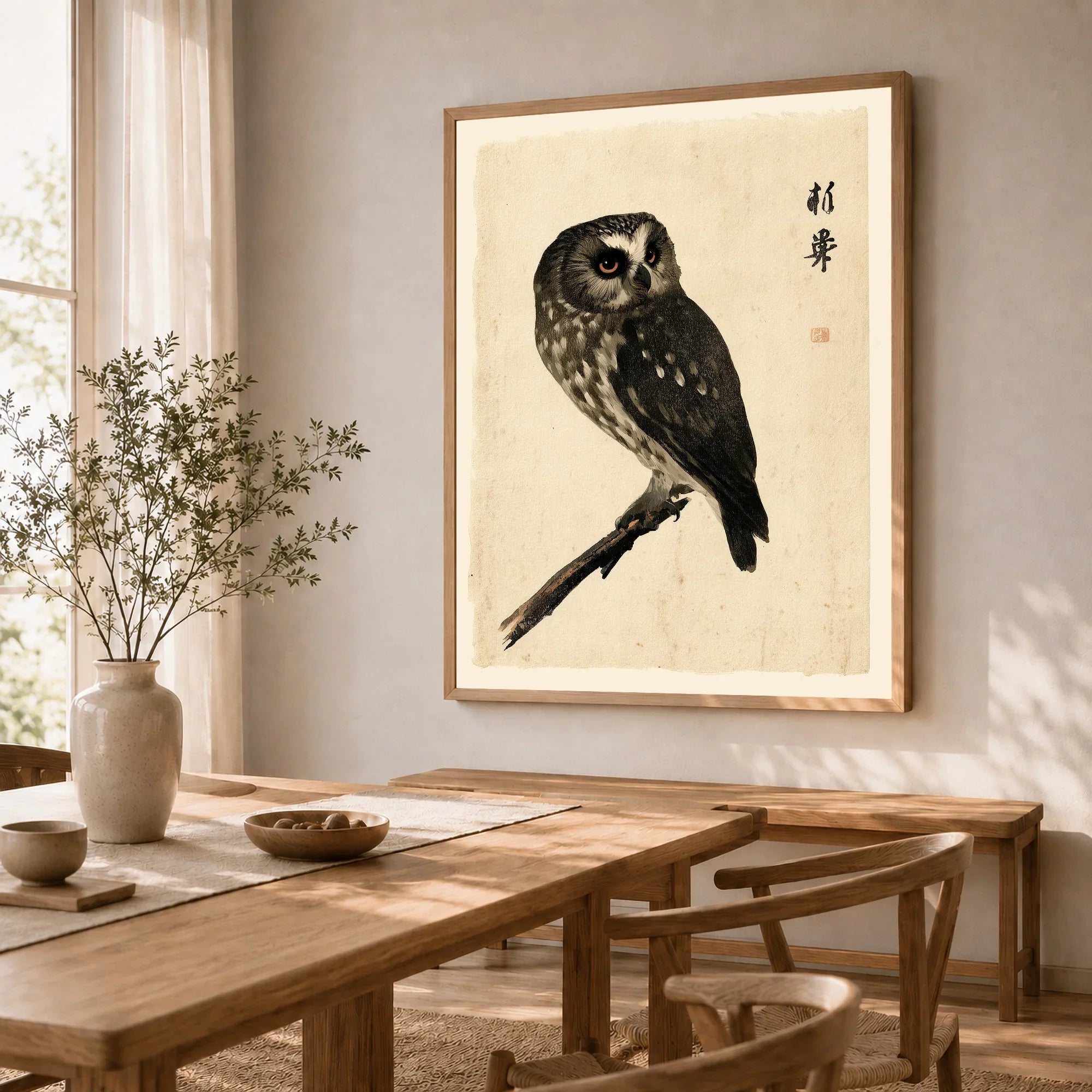 Japanese Owl Wall Art – Vintage Ukiyo-e Style Bird Print — dining room framed print natural wood frame