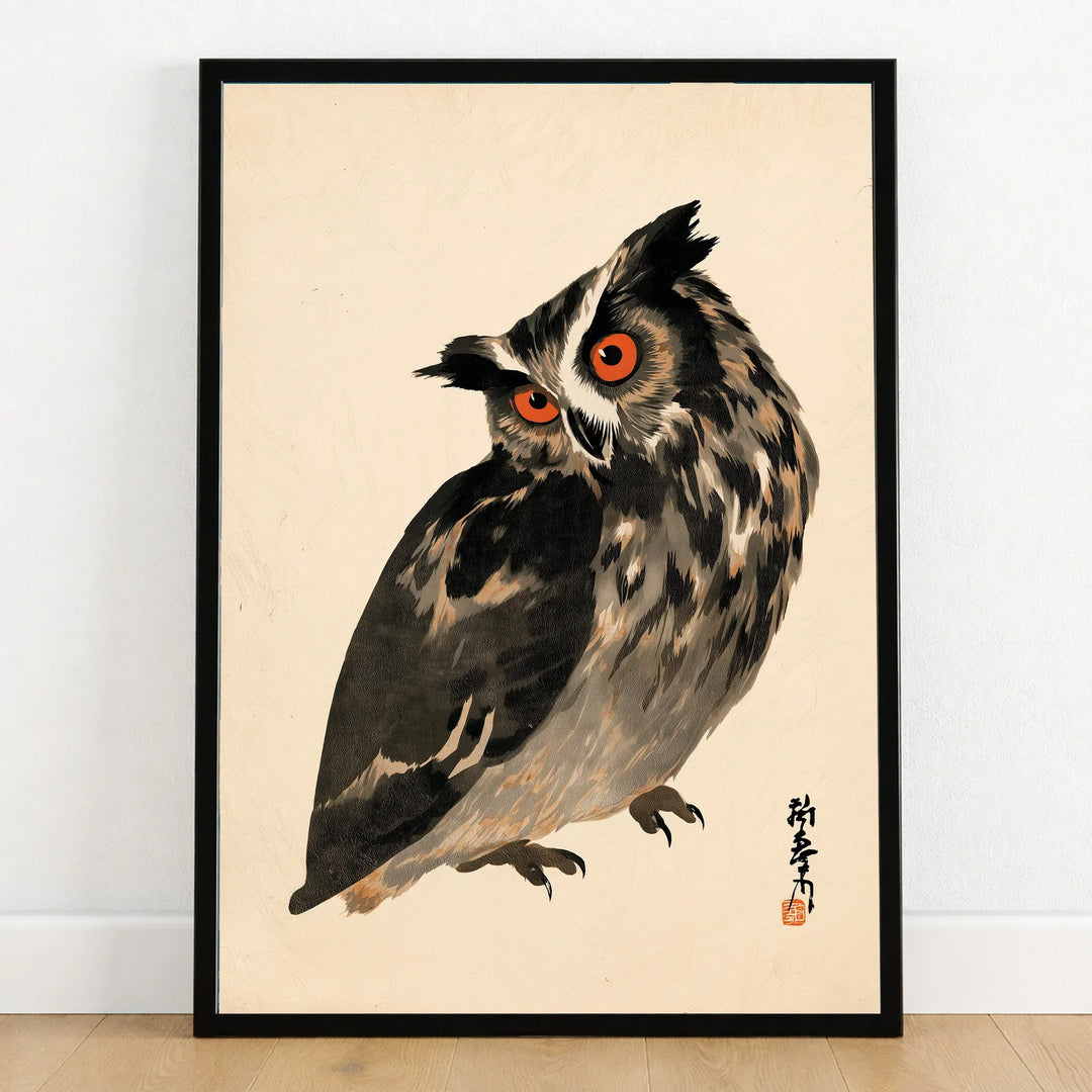 Vintage Japanese Owl Art Print – Wildlife Wall Art — art print in black frame on wooden floor