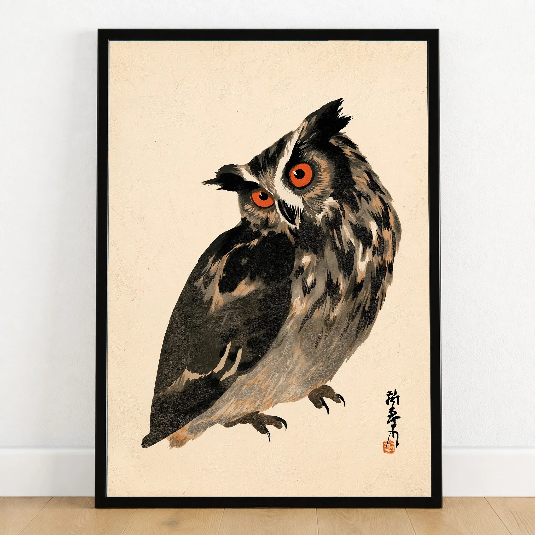 Vintage Japanese Owl Art Print – Wildlife Wall Art — art print in black frame on wooden floor