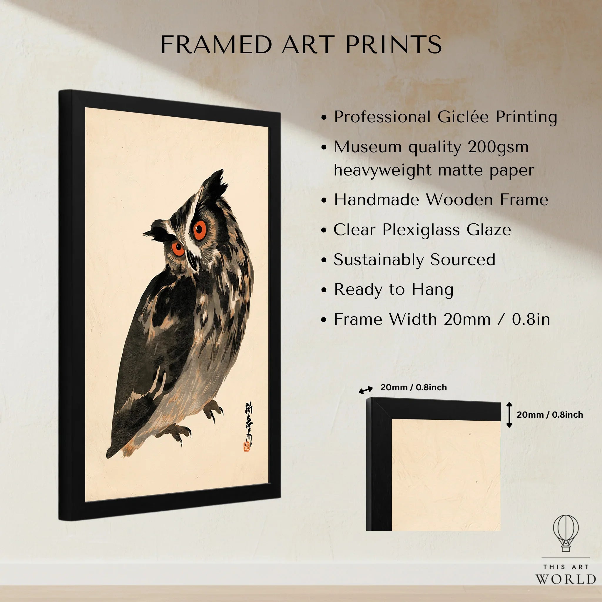 Vintage Japanese Owl Art Print – Wildlife Wall Art — framed print details measurements quality details