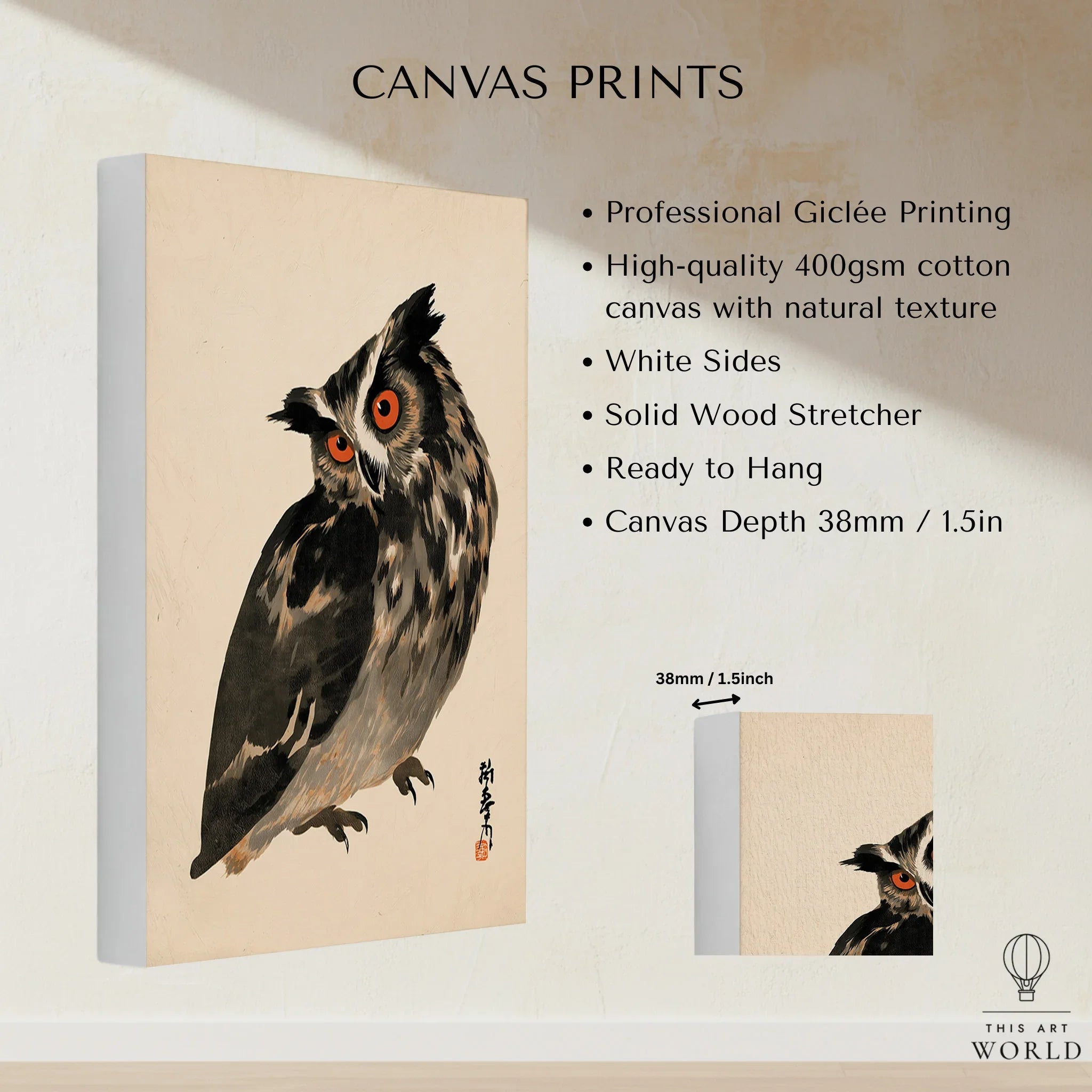Vintage Japanese Owl Art Print – Wildlife Wall Art — canvas print stretched cotton canvas details