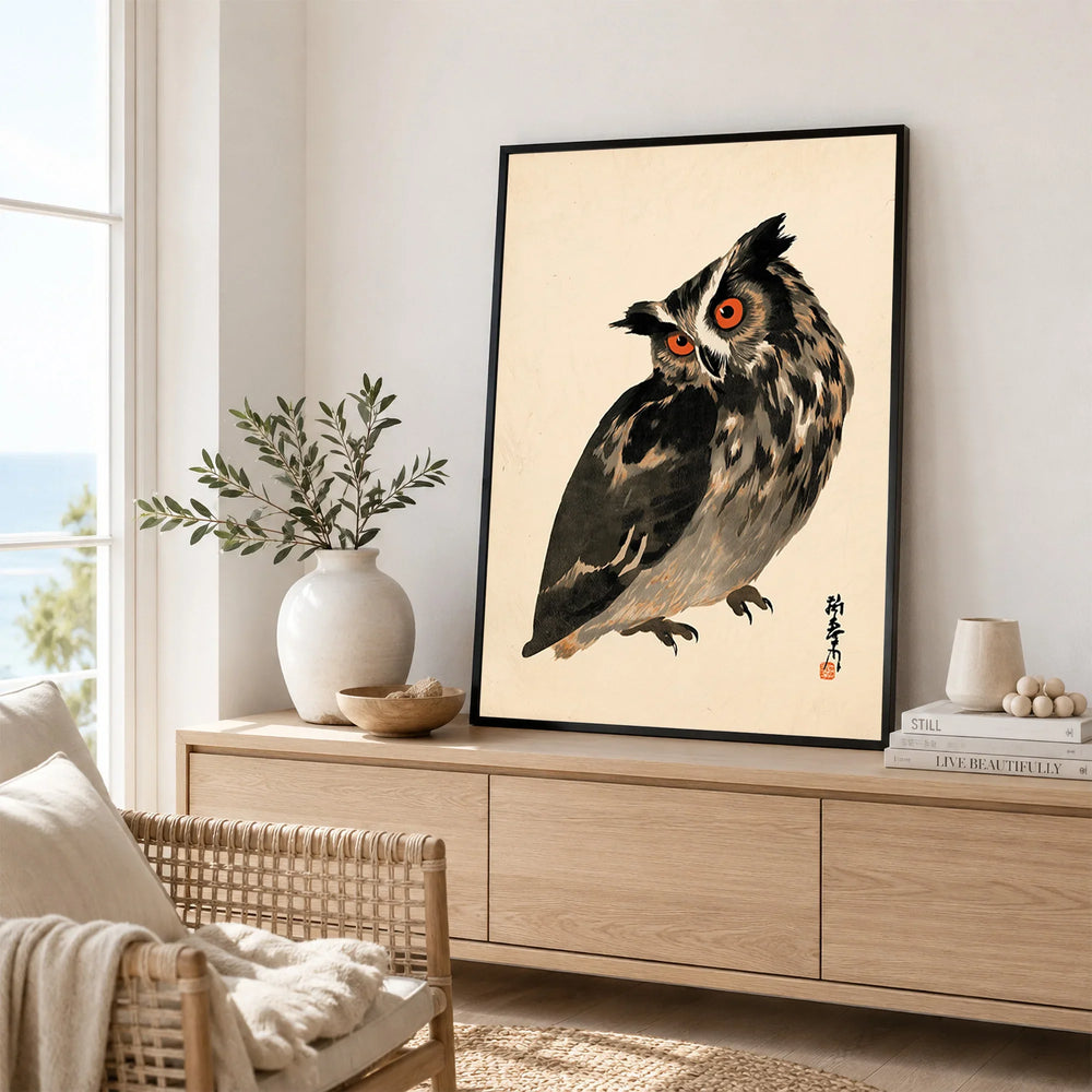Vintage Japanese Owl Art Print – Wildlife Wall Art — framed artwork living room lifestyle setting