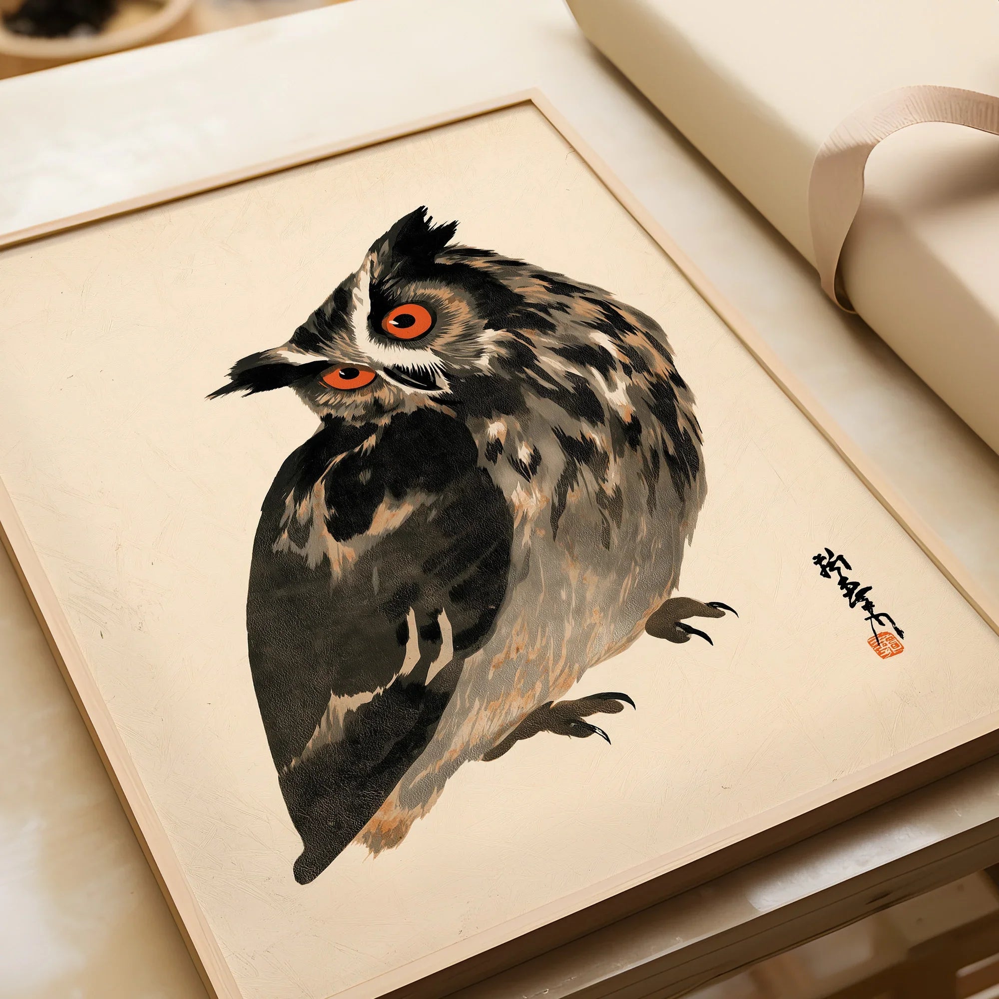 Vintage Japanese Owl Art Print – Wildlife Wall Art — framed art print closeup gift unwrapped natural frame