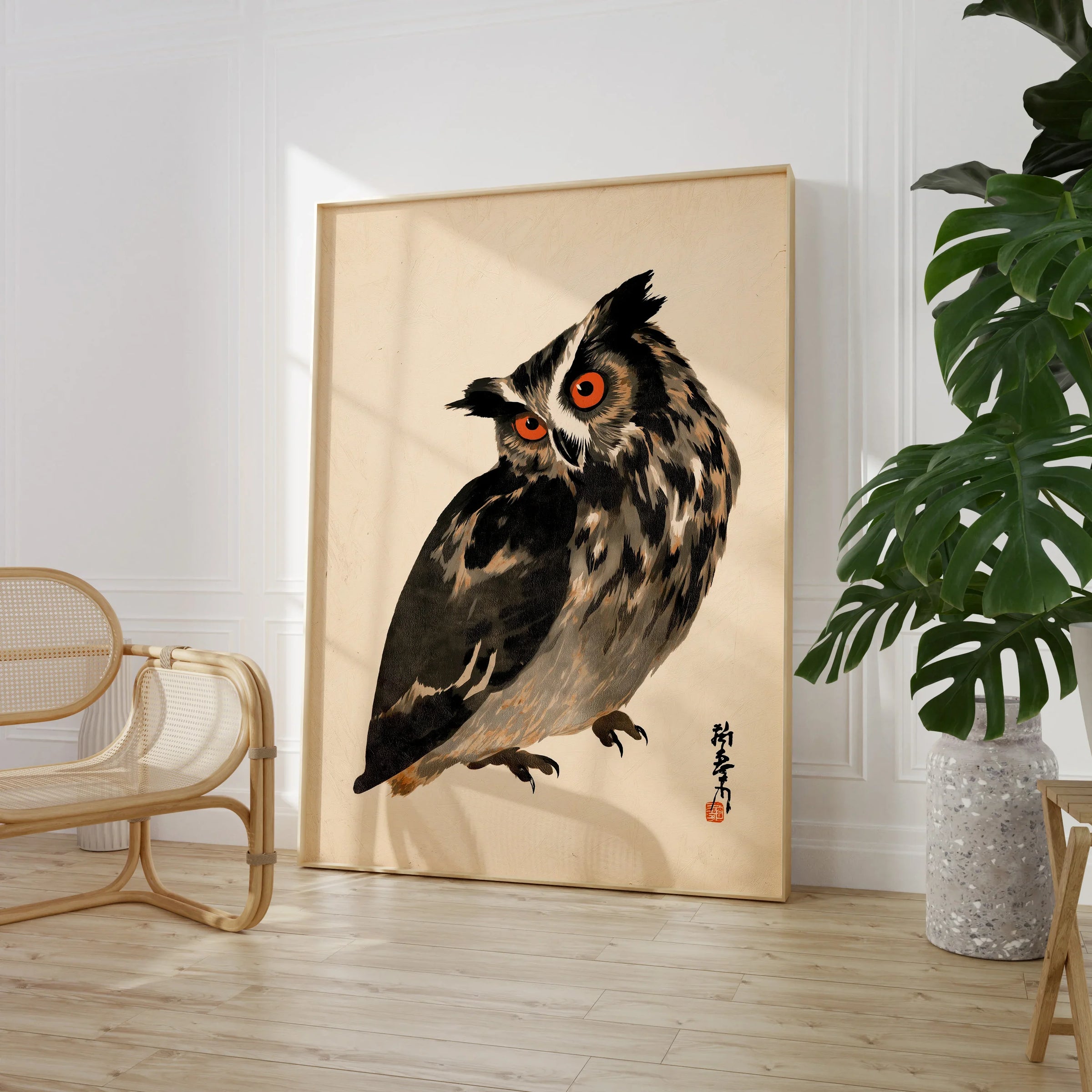 Vintage Japanese Owl Art Print – Wildlife Wall Art — large framed print room setting chair plant