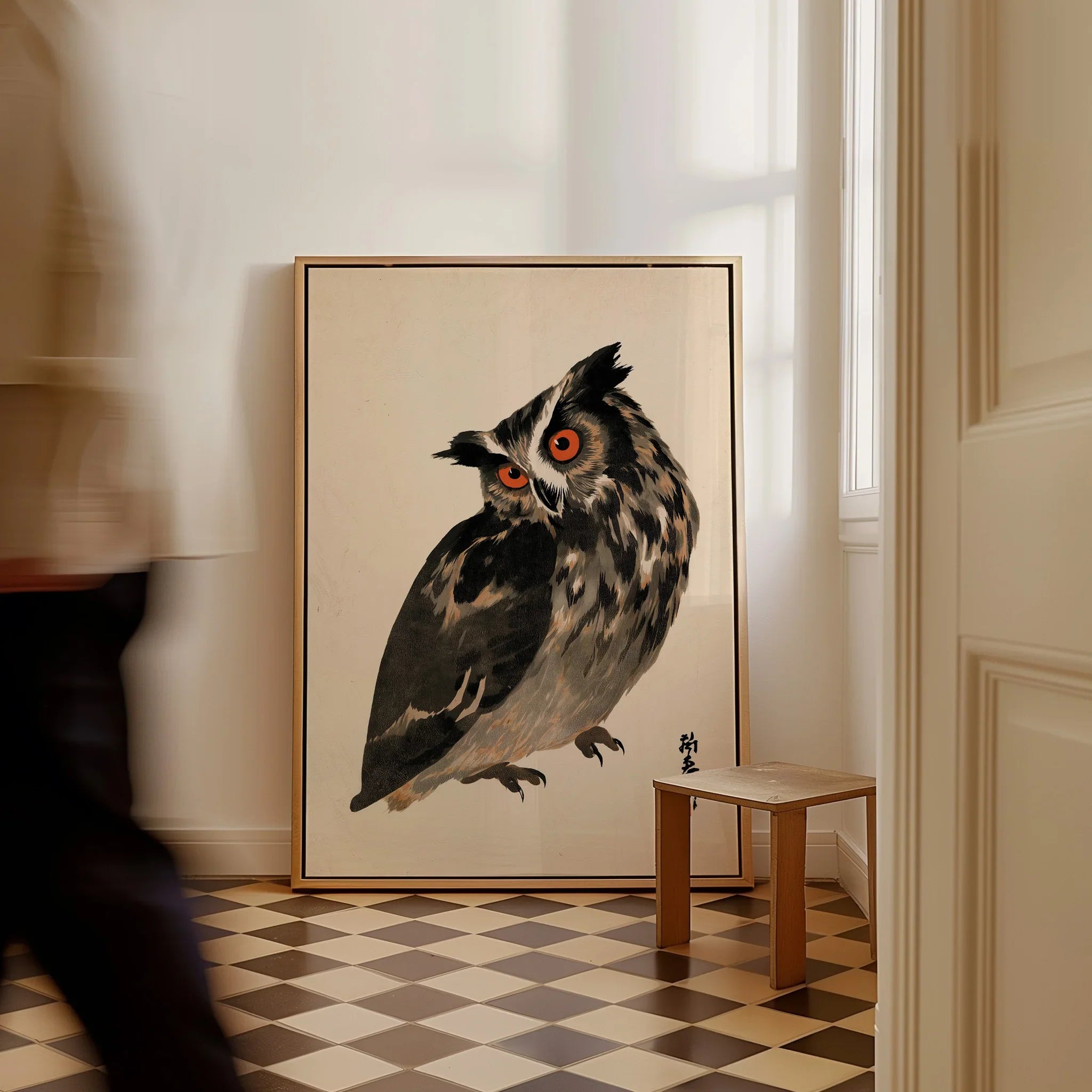 Vintage Japanese Owl Art Print – Wildlife Wall Art — framed canvas on floor man walking past