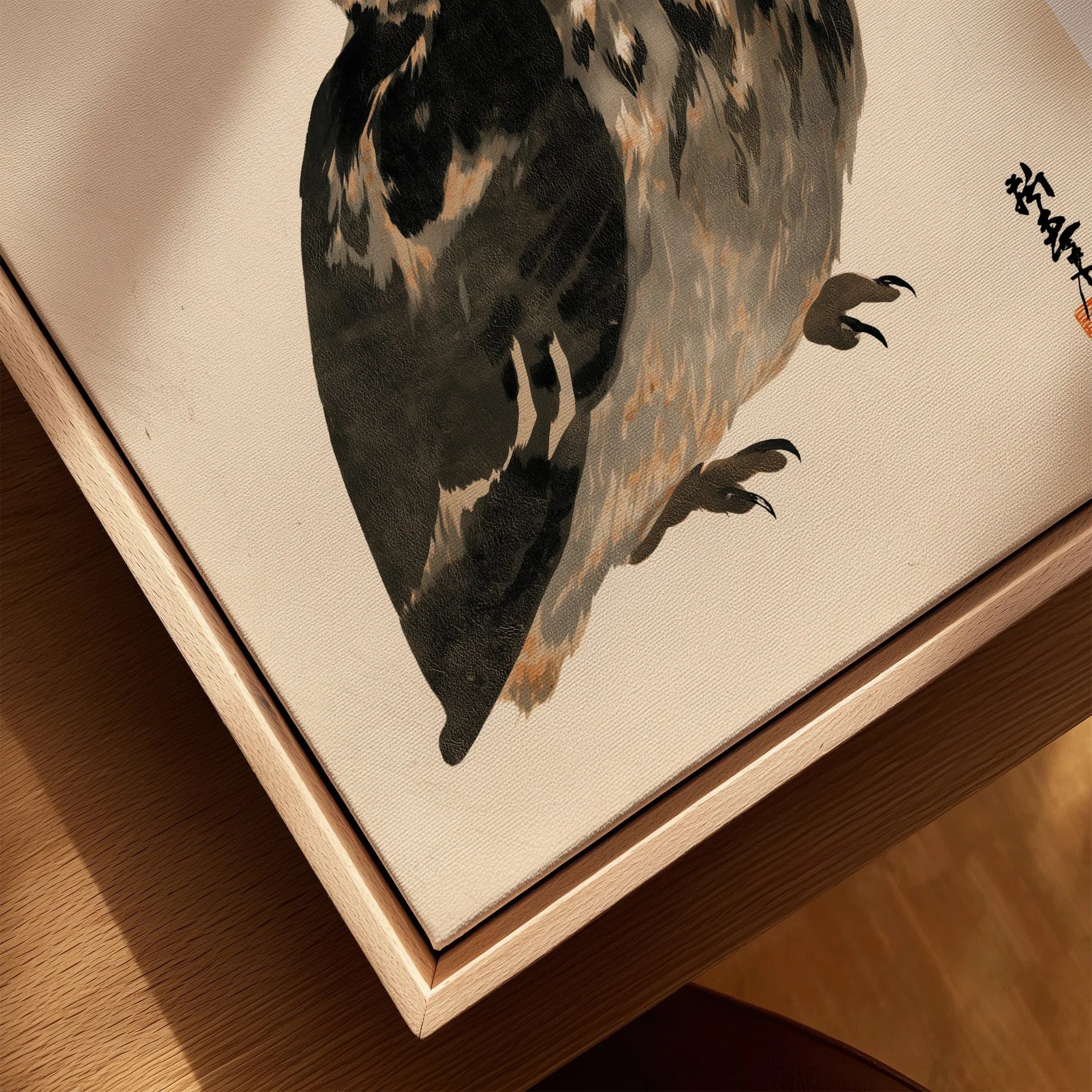 Vintage Japanese Owl Art Print – Wildlife Wall Art — closeup framed canvas natural wood floating frame