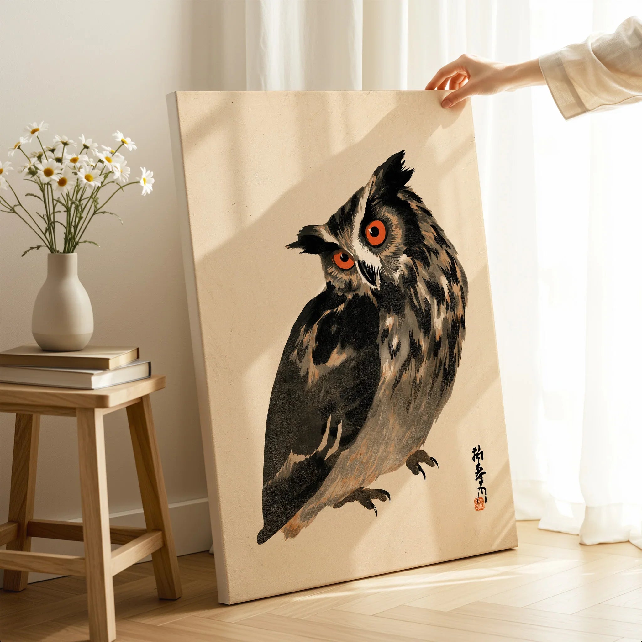Vintage Japanese Owl Art Print – Wildlife Wall Art — canvas print mirror edge hand holding room setting