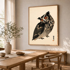 Vintage Japanese Owl Art Print – Wildlife Wall Art — dining room framed print natural wood frame