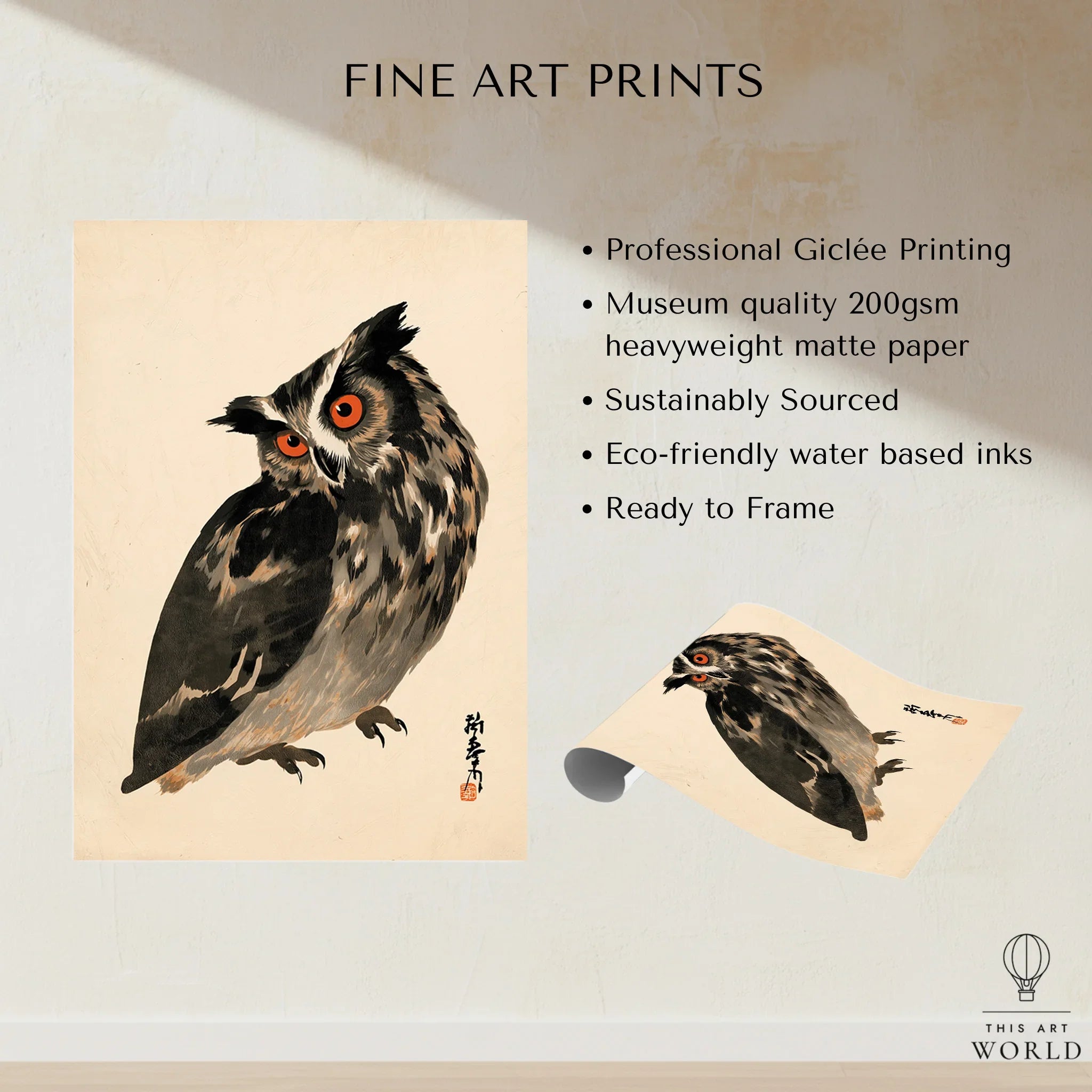 Vintage Japanese Owl Art Print – Wildlife Wall Art — fine art print unframed quality details