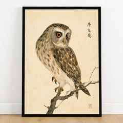 Japanese Owl Art Print – Vintage Botanical Bird Wall Art — art print in black frame on wooden floor