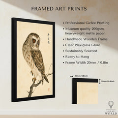 Japanese Owl Art Print – Vintage Botanical Bird Wall Art — framed print details measurements quality details