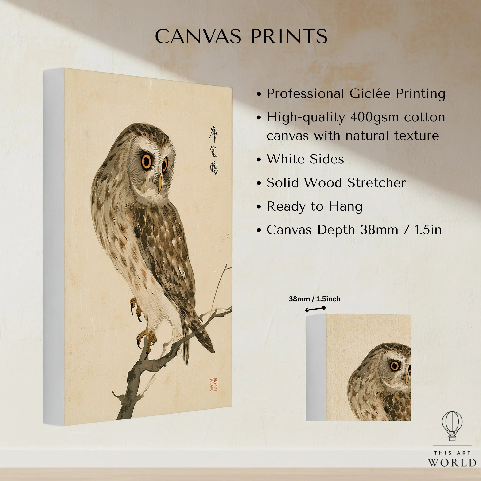 Japanese Owl Art Print – Vintage Botanical Bird Wall Art — canvas print stretched cotton canvas details