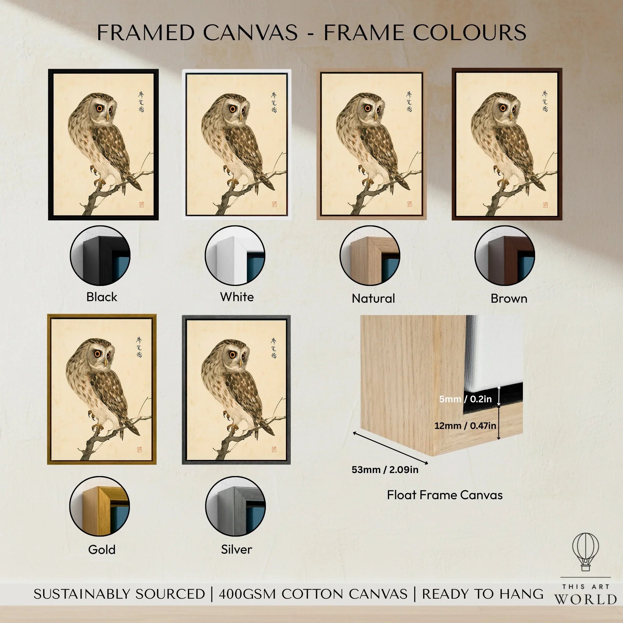 Japanese Owl Art Print – Vintage Botanical Bird Wall Art — framed canvas float frame colour options