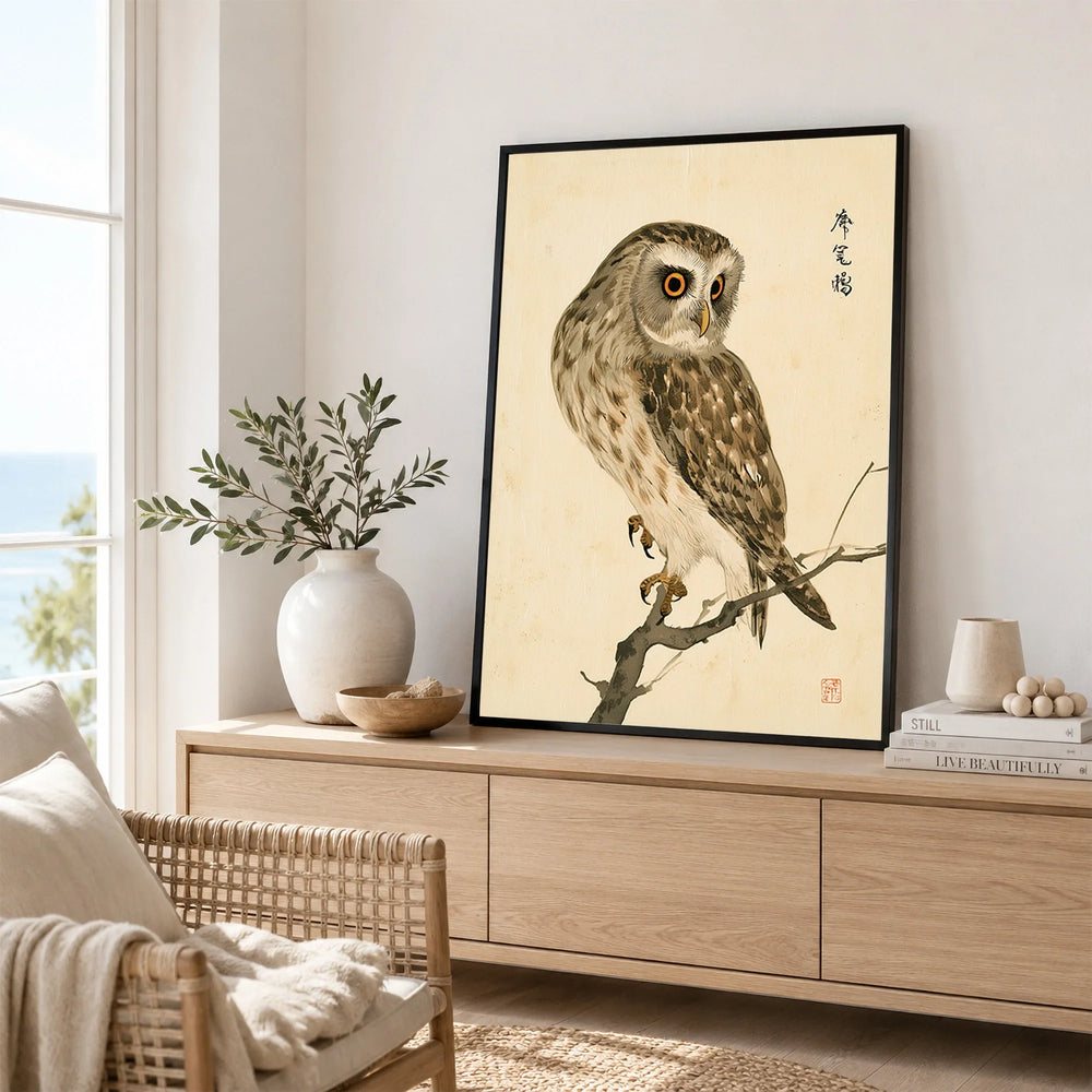 Japanese Owl Art Print – Vintage Botanical Bird Wall Art — framed artwork living room lifestyle setting