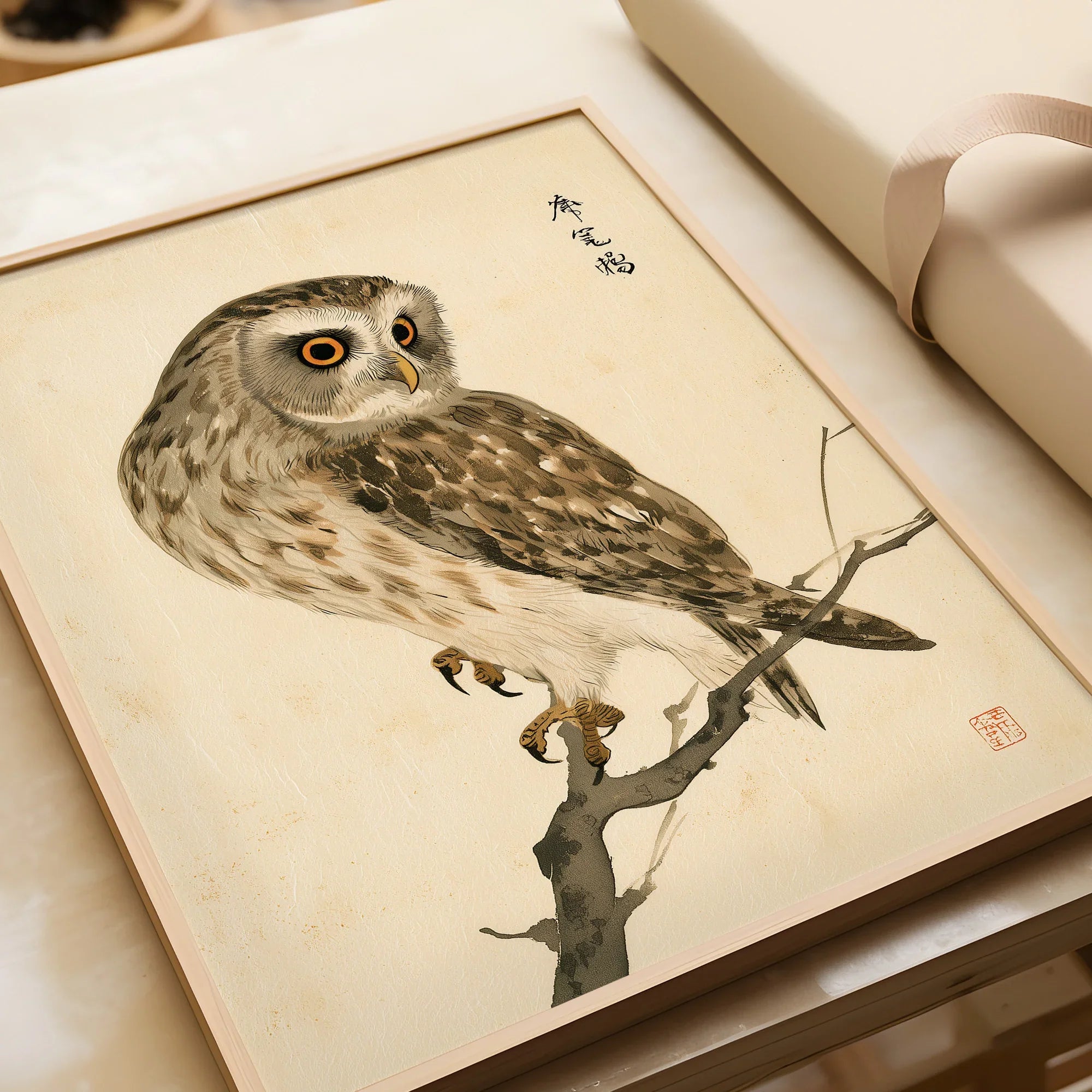 Japanese Owl Art Print – Vintage Botanical Bird Wall Art — framed art print closeup gift unwrapped natural frame