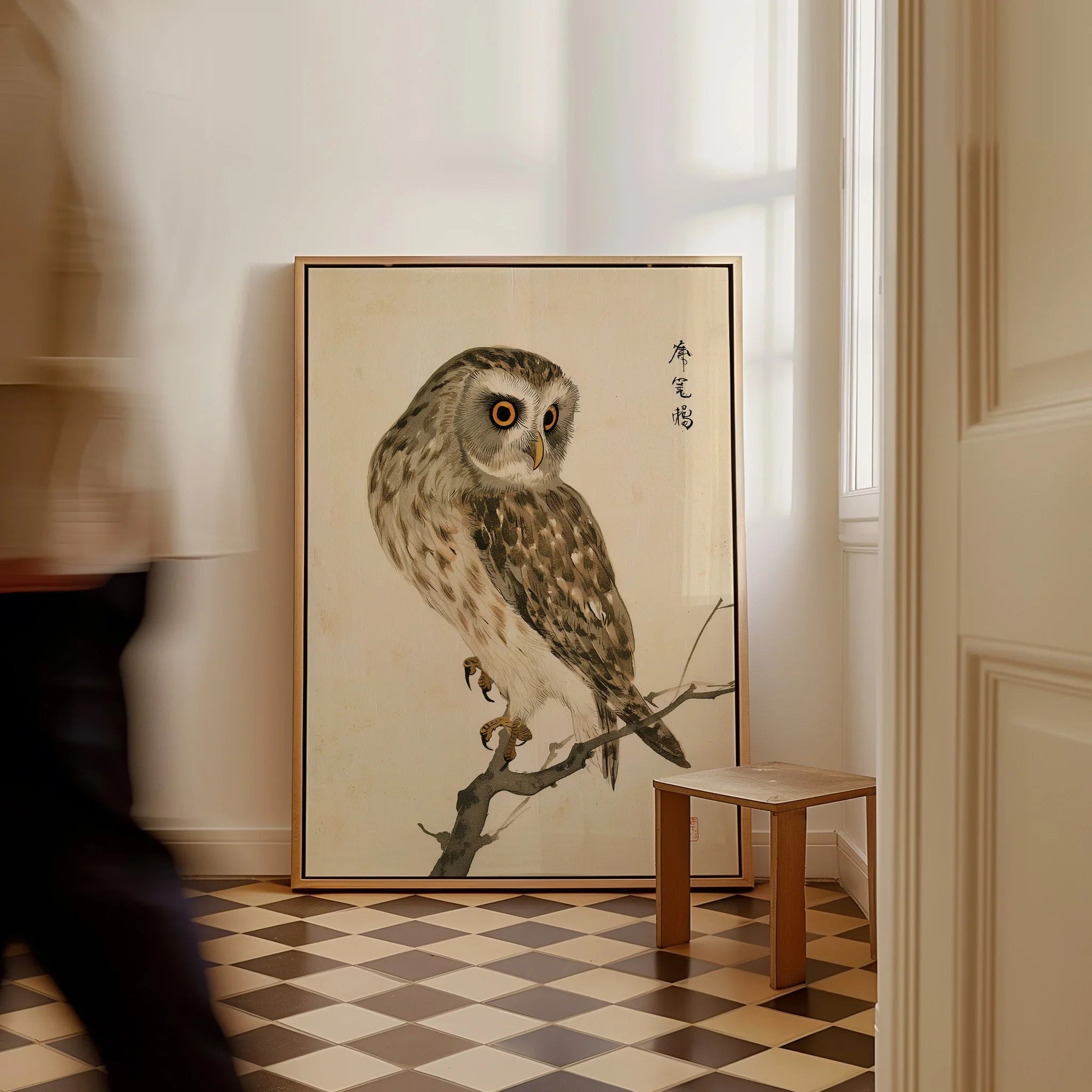 Japanese Owl Art Print – Vintage Botanical Bird Wall Art — framed canvas on floor man walking past