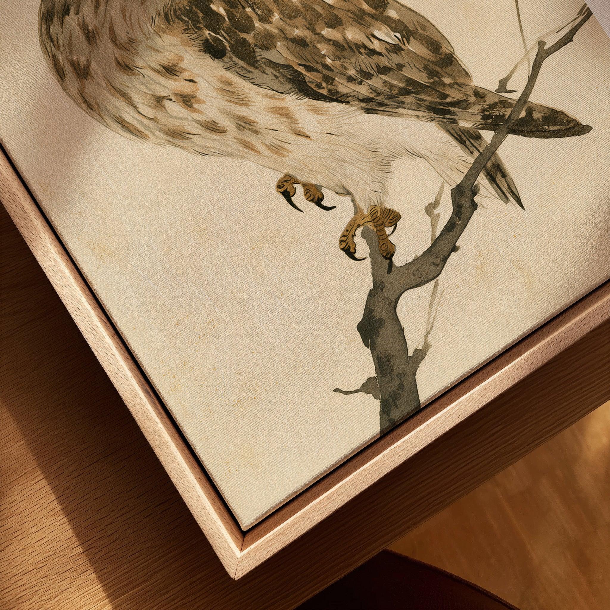 Japanese Owl Art Print – Vintage Botanical Bird Wall Art — closeup framed canvas natural wood floating frame