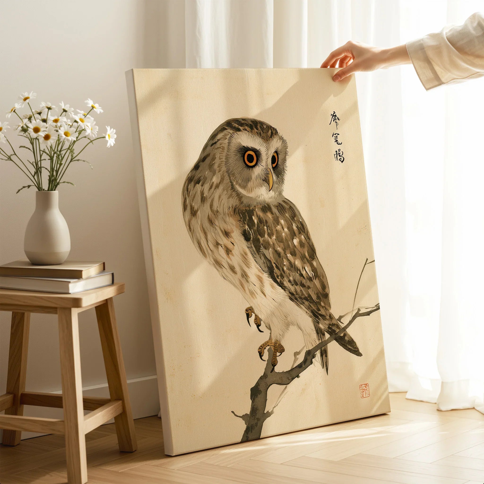 Japanese Owl Art Print – Vintage Botanical Bird Wall Art — canvas print mirror edge hand holding room setting