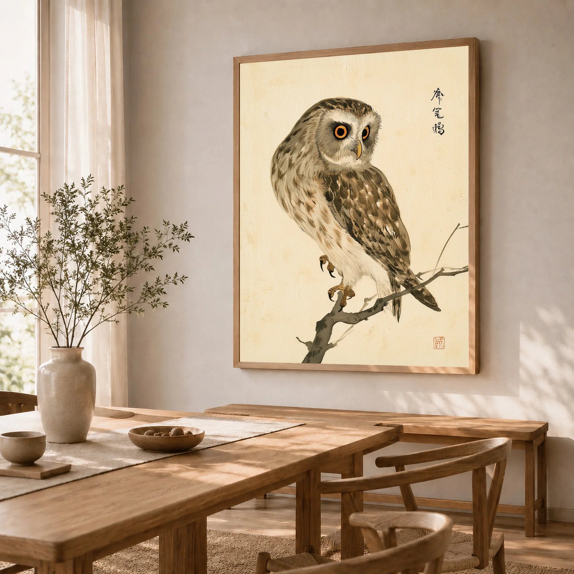 Japanese Owl Art Print – Vintage Botanical Bird Wall Art — dining room framed print natural wood frame