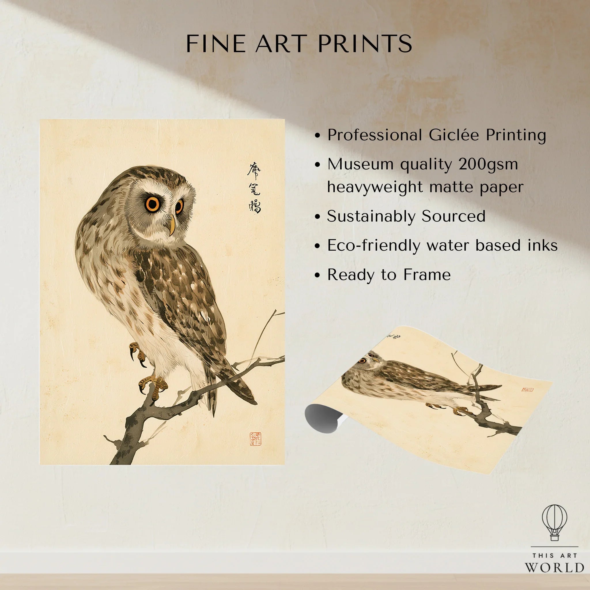 Japanese Owl Art Print – Vintage Botanical Bird Wall Art — fine art print unframed quality details
