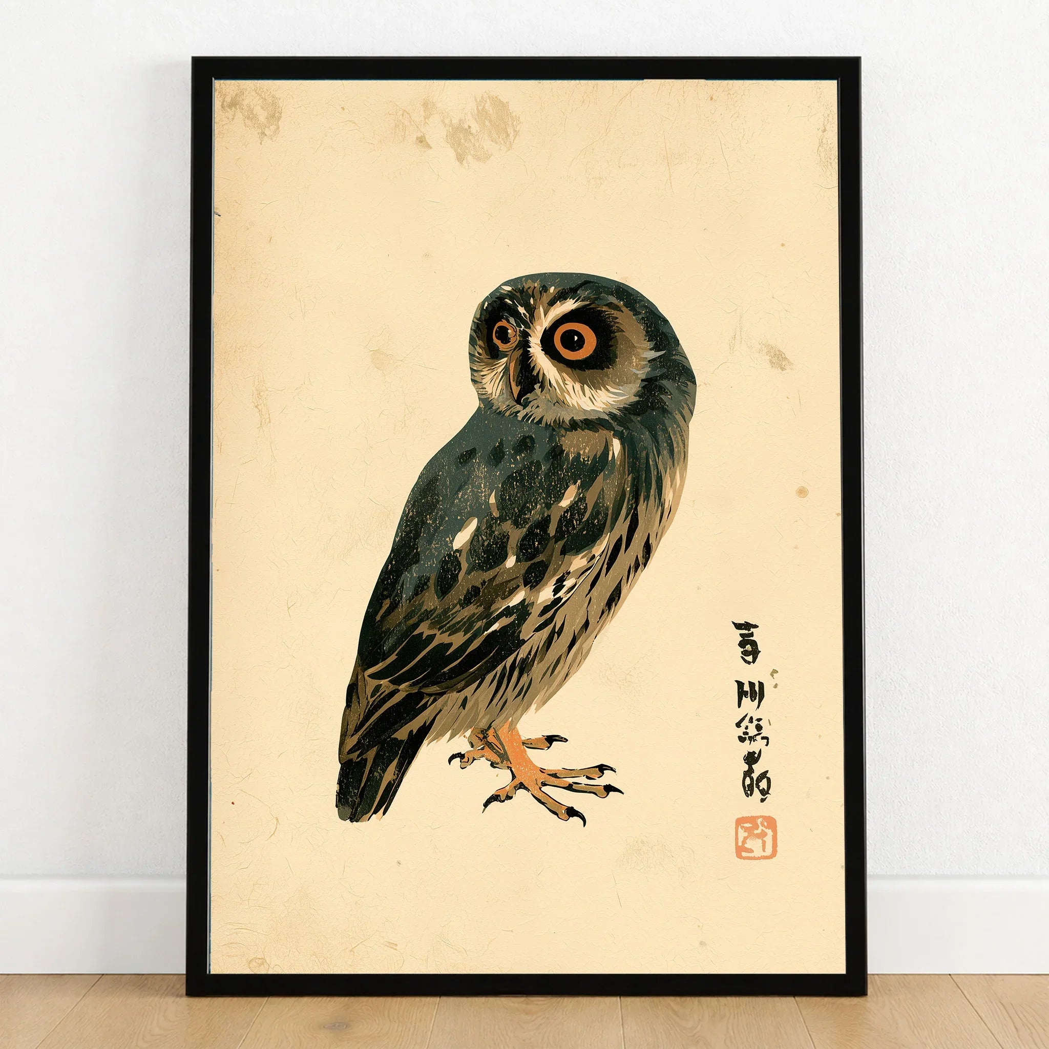 Japanese Owl Wall Art – Minimal Vintage Art Print — art print in black frame on wooden floor