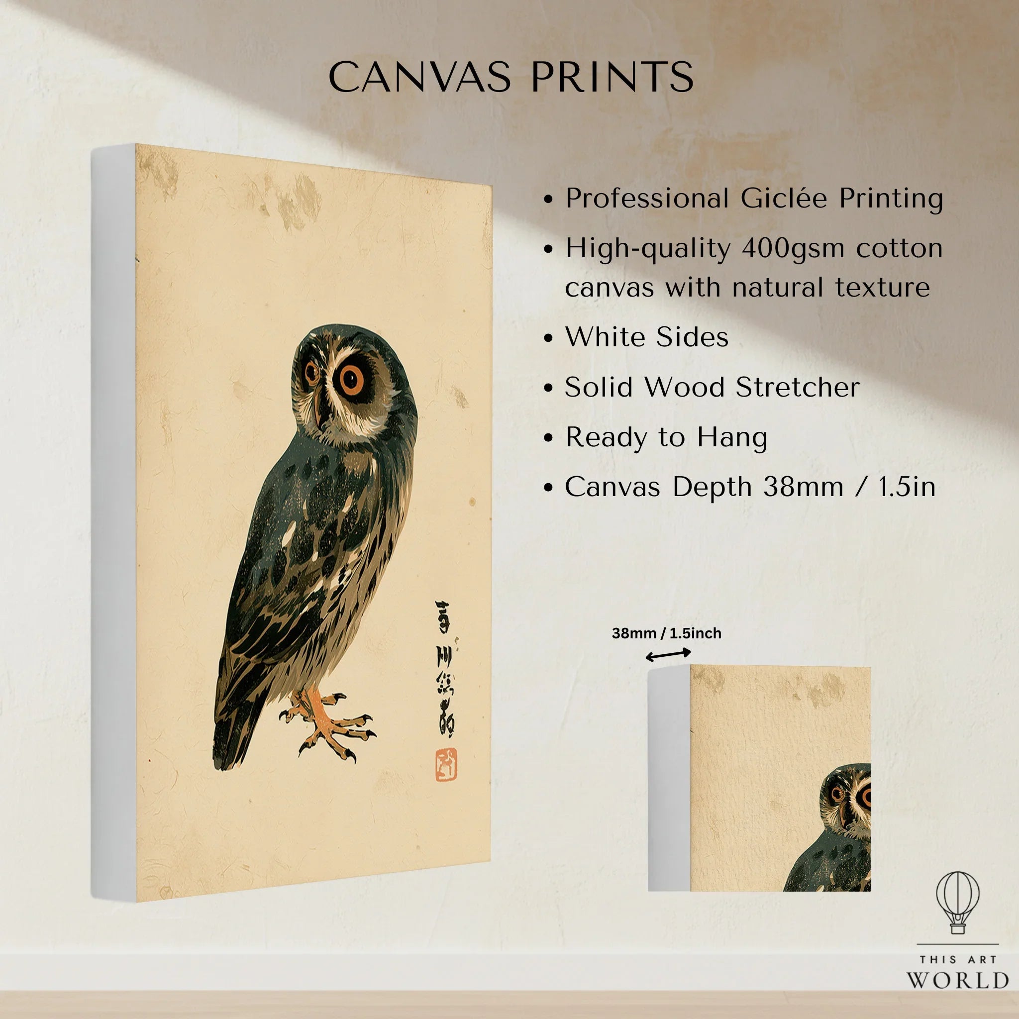 Japanese Owl Wall Art – Minimal Vintage Art Print — canvas print stretched cotton canvas details
