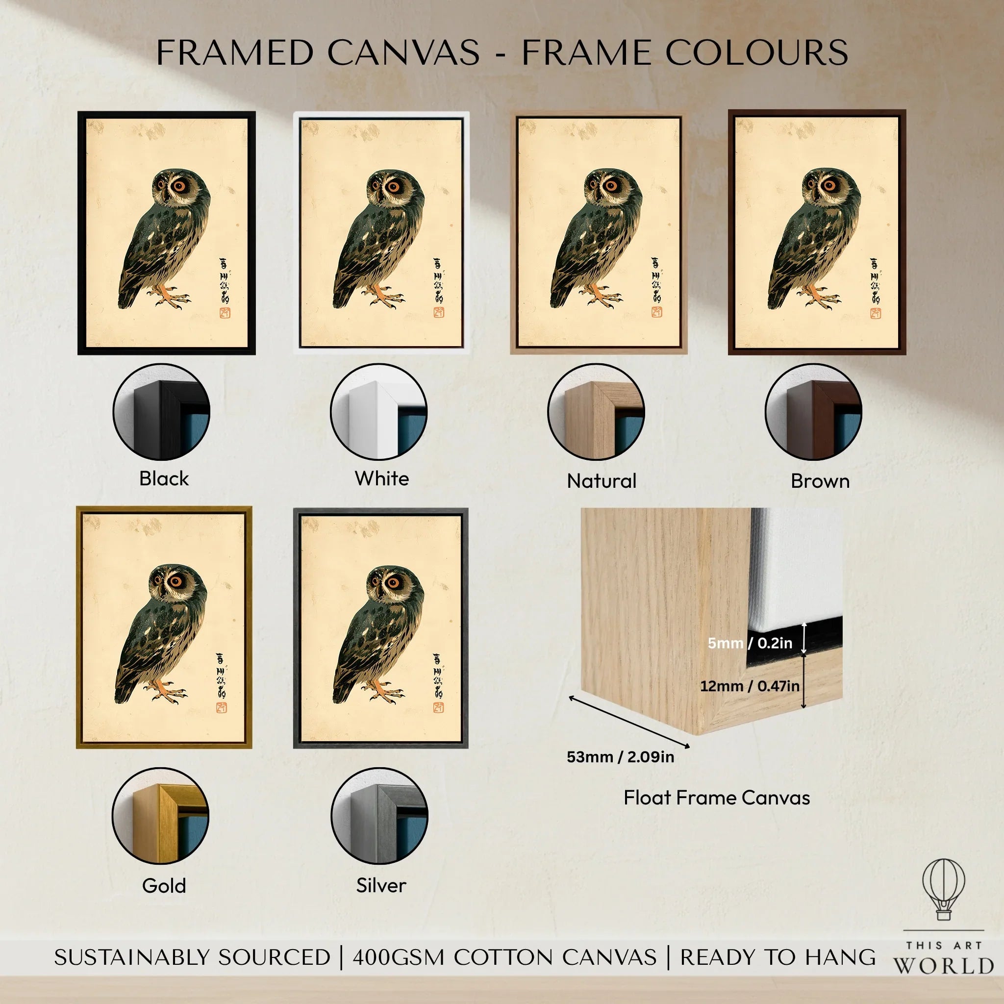 Japanese Owl Wall Art – Minimal Vintage Art Print — framed canvas float frame colour options