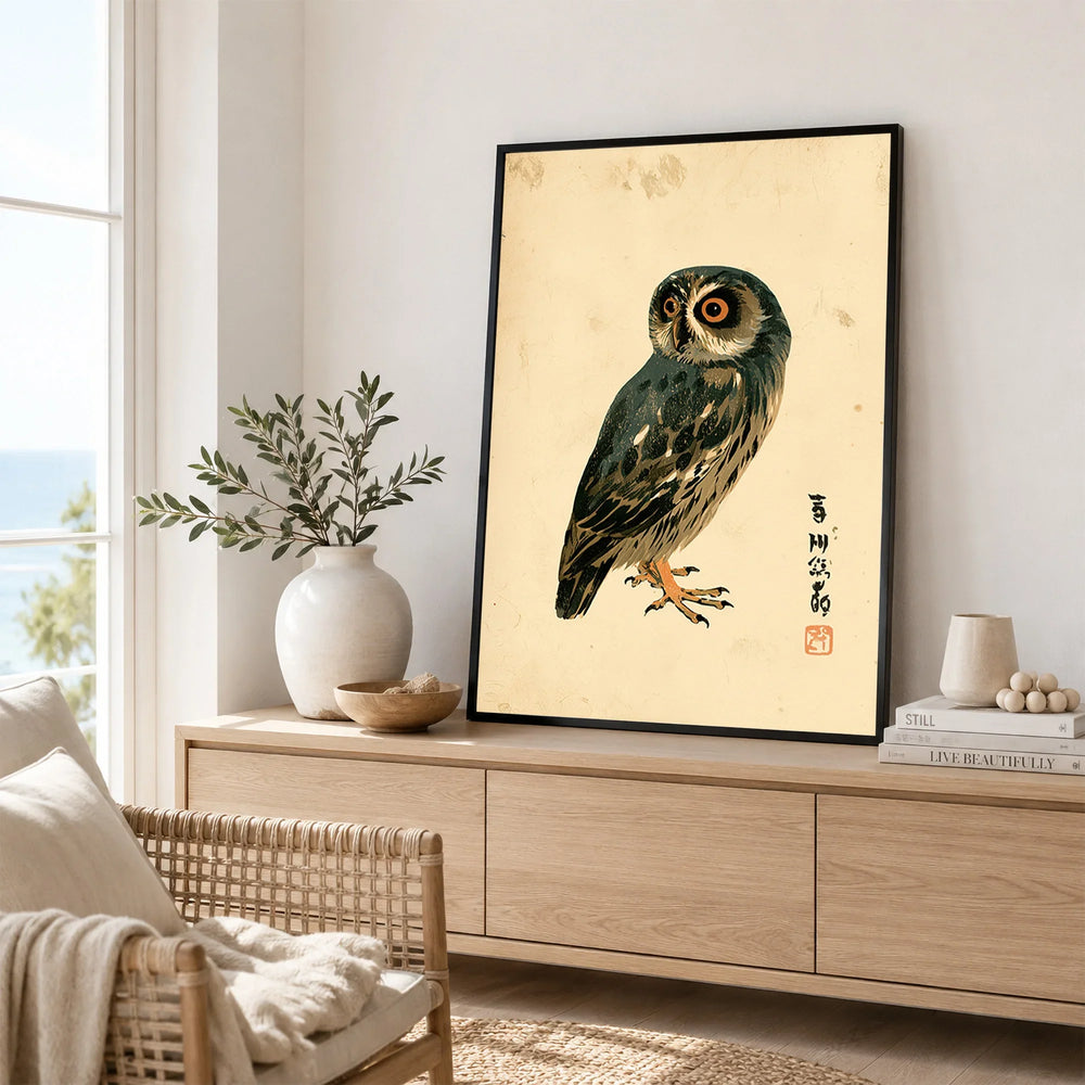 Japanese Owl Wall Art – Minimal Vintage Art Print — framed artwork living room lifestyle setting