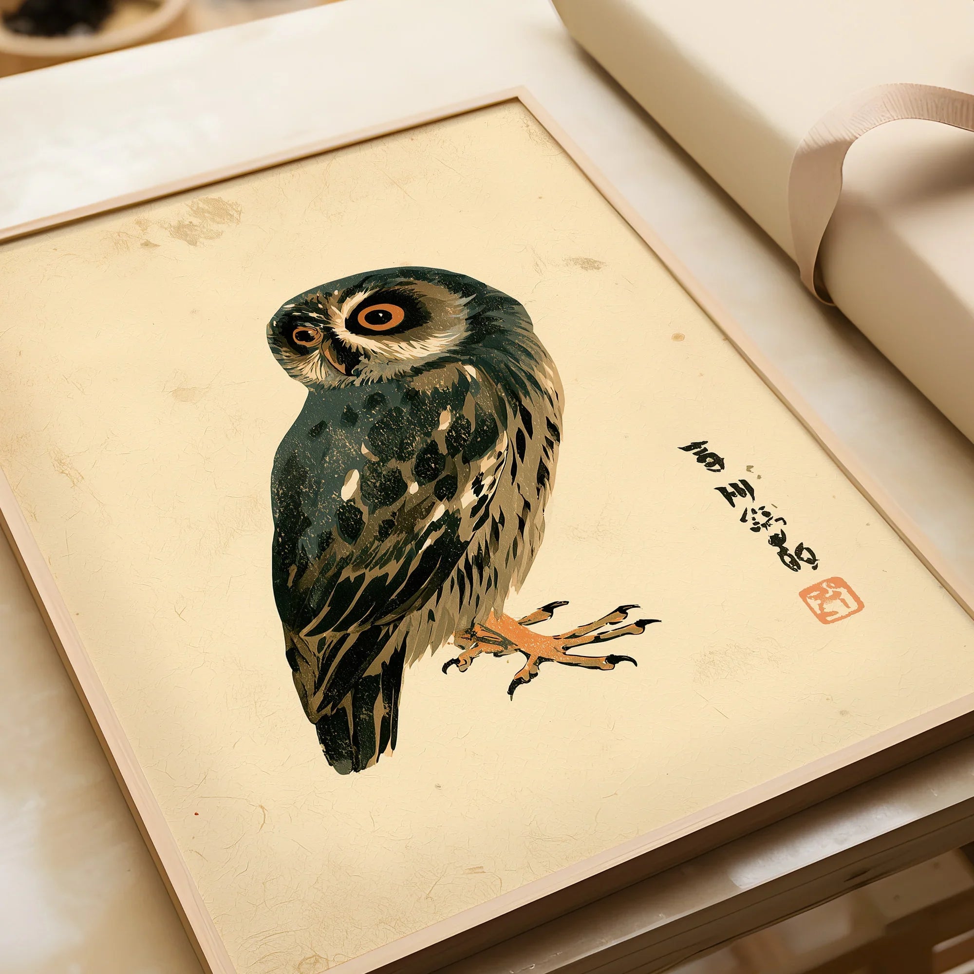 Japanese Owl Wall Art – Minimal Vintage Art Print — framed art print closeup gift unwrapped natural frame