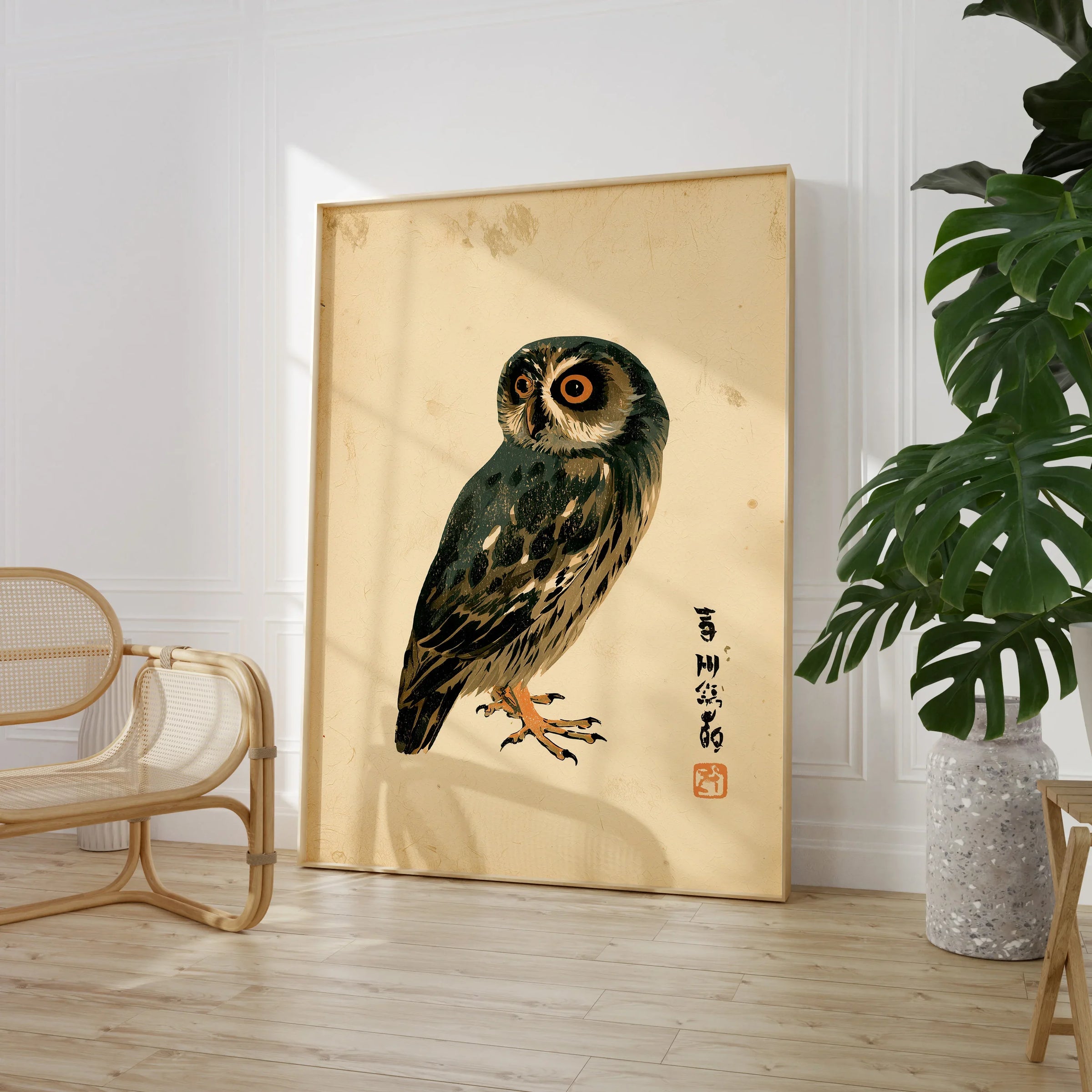 Japanese Owl Wall Art – Minimal Vintage Art Print — large framed print room setting chair plant