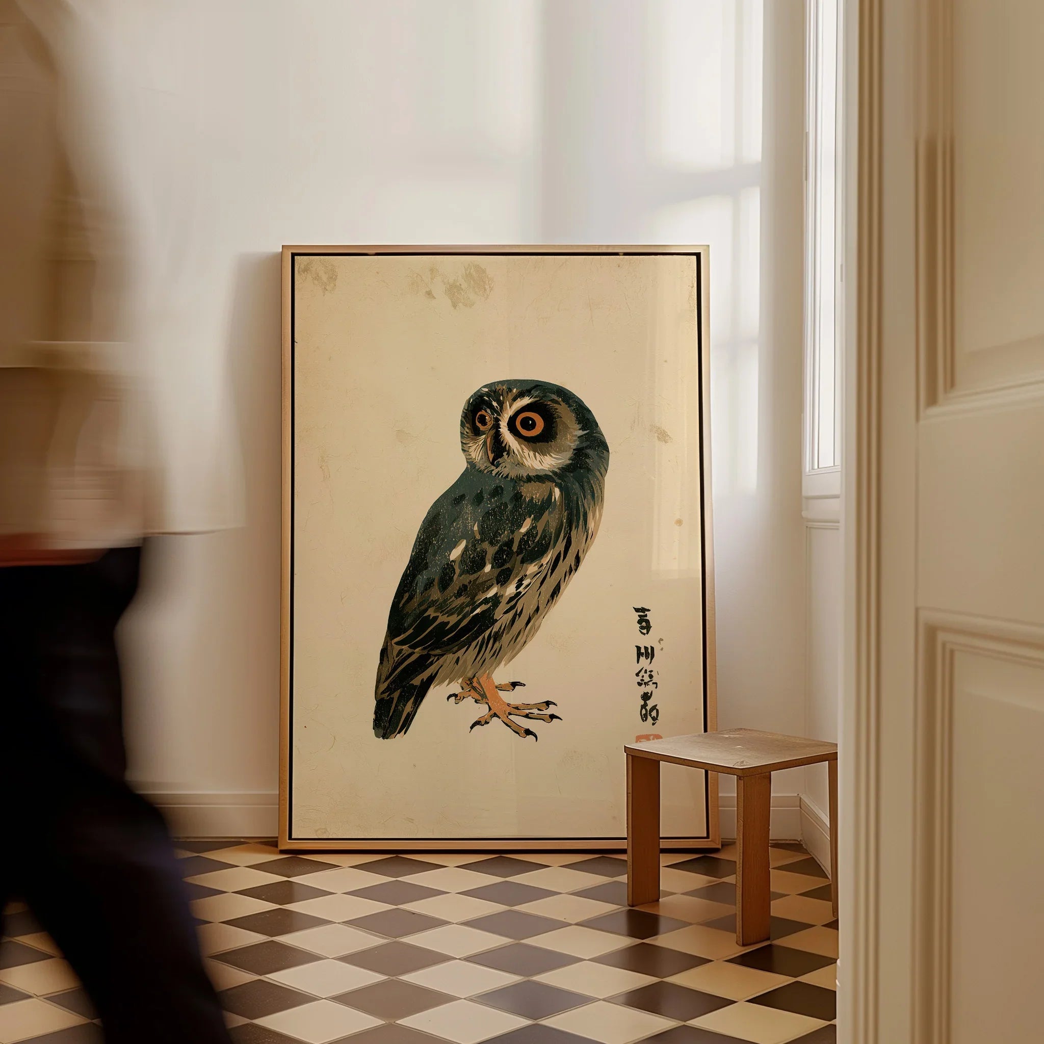 Japanese Owl Wall Art – Minimal Vintage Art Print — framed canvas on floor man walking past