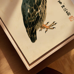 Japanese Owl Wall Art – Minimal Vintage Art Print — closeup framed canvas natural wood floating frame