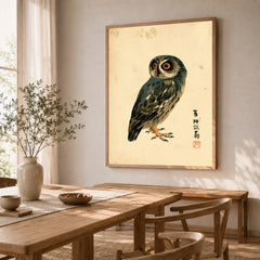 Japanese Owl Wall Art – Minimal Vintage Art Print — dining room framed print natural wood frame