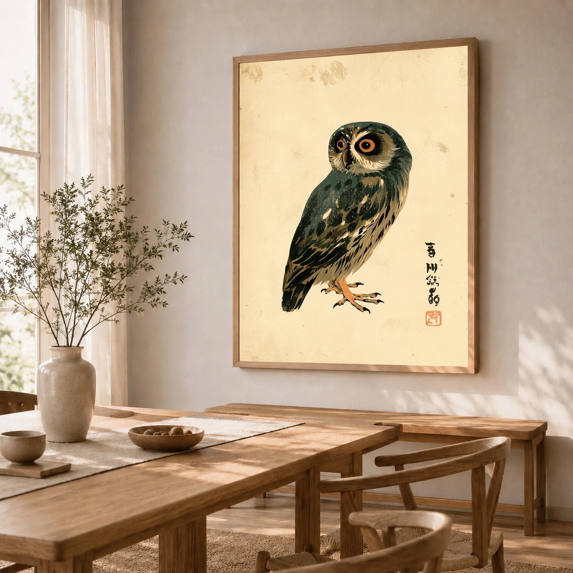 Japanese Owl Wall Art – Minimal Vintage Art Print — dining room framed print natural wood frame